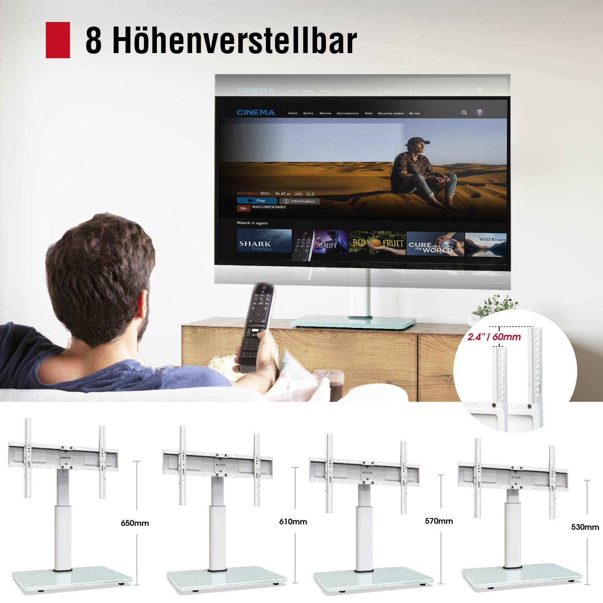 AOKCOS TV-Ständer höhenverstellbar, ± 30° schwenkbar, 32-75 Zoll, (bis 75 Zoll, -2°-10° neigbar, rutschfeste Gummifüße, Tisch-TV-Ständer) – Bild 5 von 5