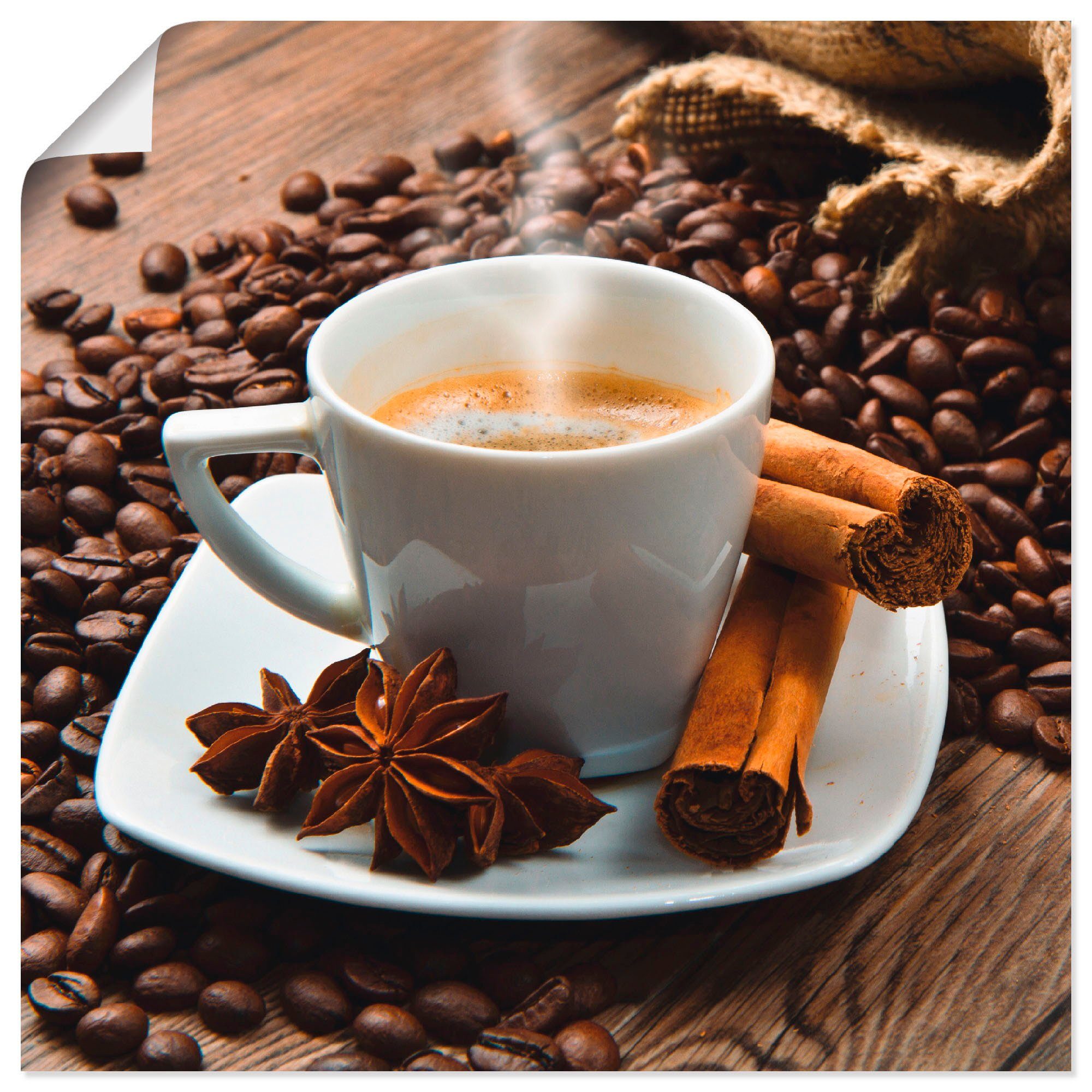 Artland Wandbild Kaffeetasse (1 Kaffeebohnen, Leinwandbild, mit in verschied. Getränke St), Leinensack Größen Poster als
