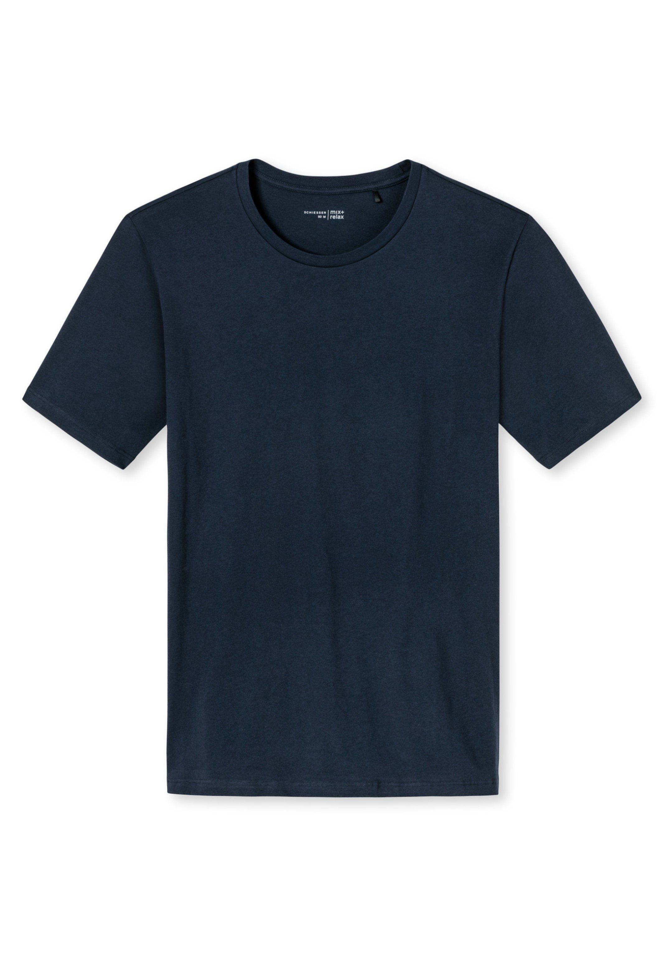 Baumwolle Schlafanzug - T-Shirt (1-tlg) Schiesser & Mix dunkelblau Pyjamaoberteil Relax - Basic