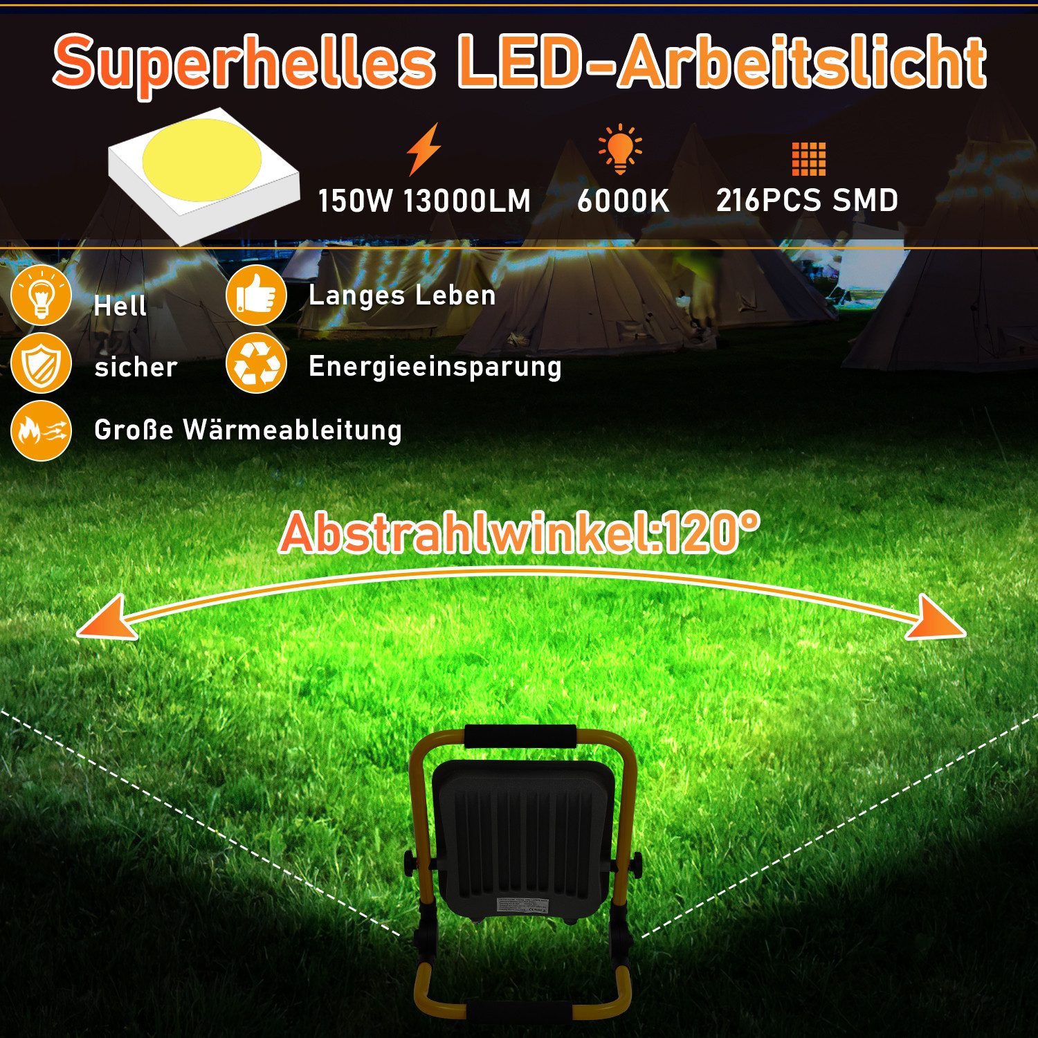 Clanmacy LED Baustrahler LED Baustrahler LED Fluter mit Stativ Scheinwerfer Außen Strahler 150W – Bild 3 von 5