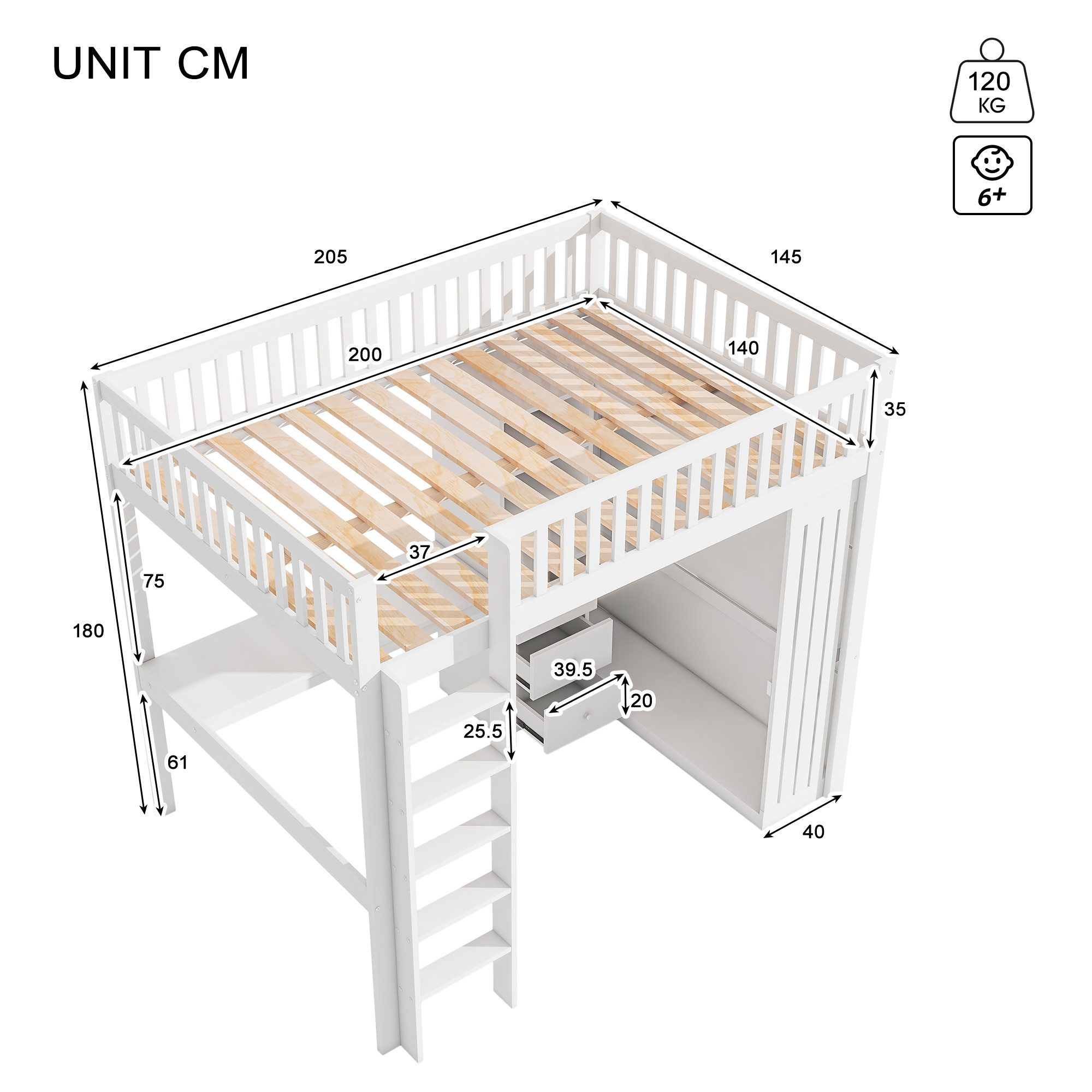 Ulife Hochbett mit Schreibtisch, Kleiderschrank, 3 günstig online kaufen