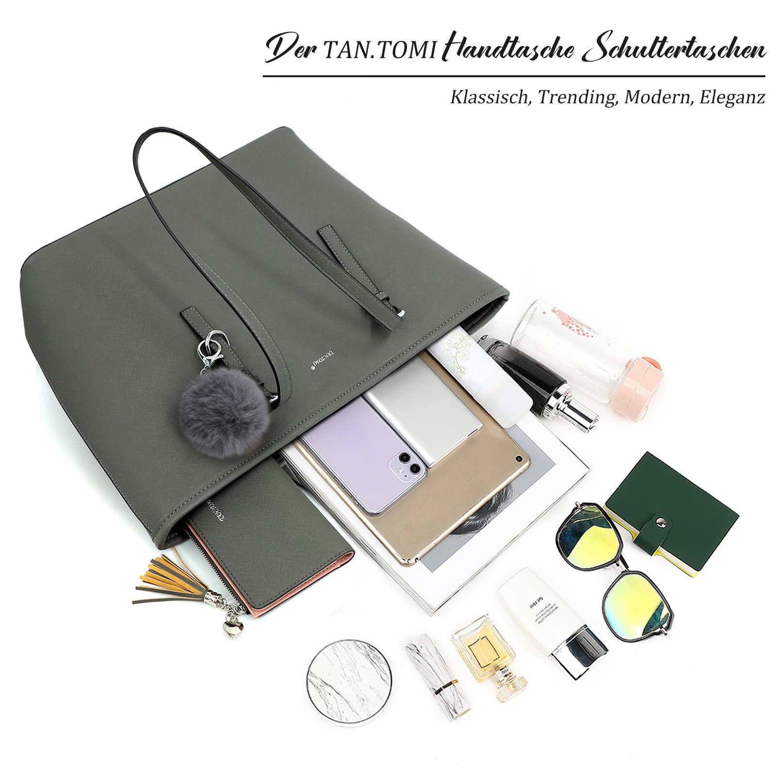 TAN.TOMI Shopper Handtasche Damen mit Geldbörse und Schlüsselanhänger, Groß Damen Handtasche, ​Geschenke für Frauen in schlichter Optik