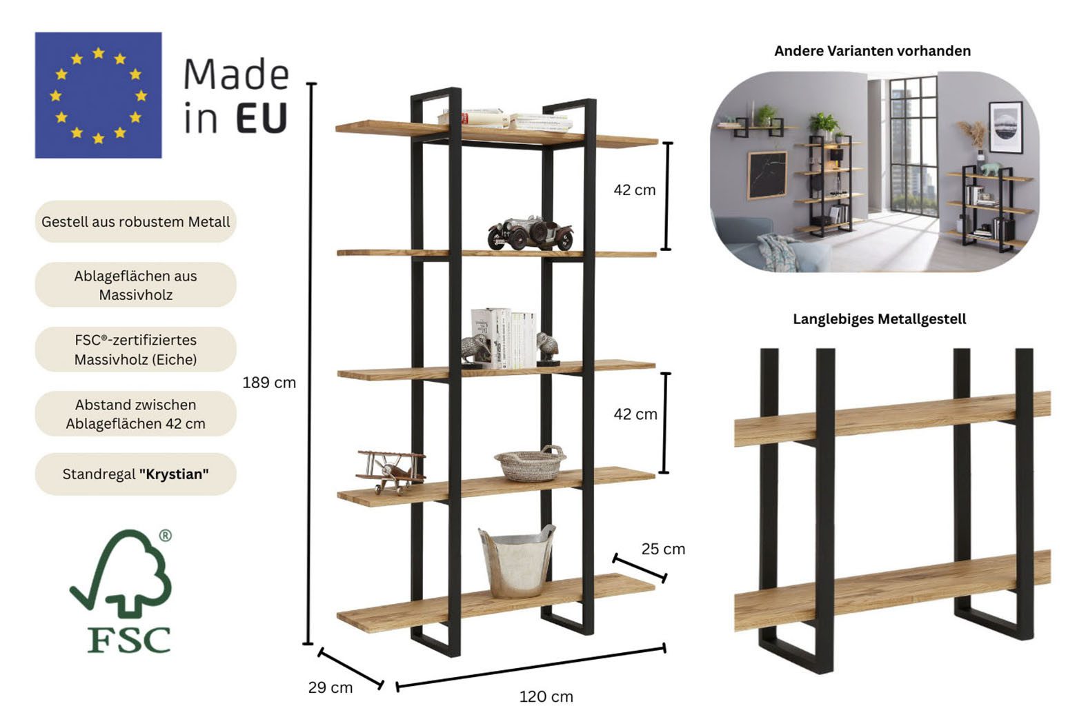 Home affaire Regal Krystian, Raumteiler, Ablagen aus Eichenholz, Gestell aus robustem Metall