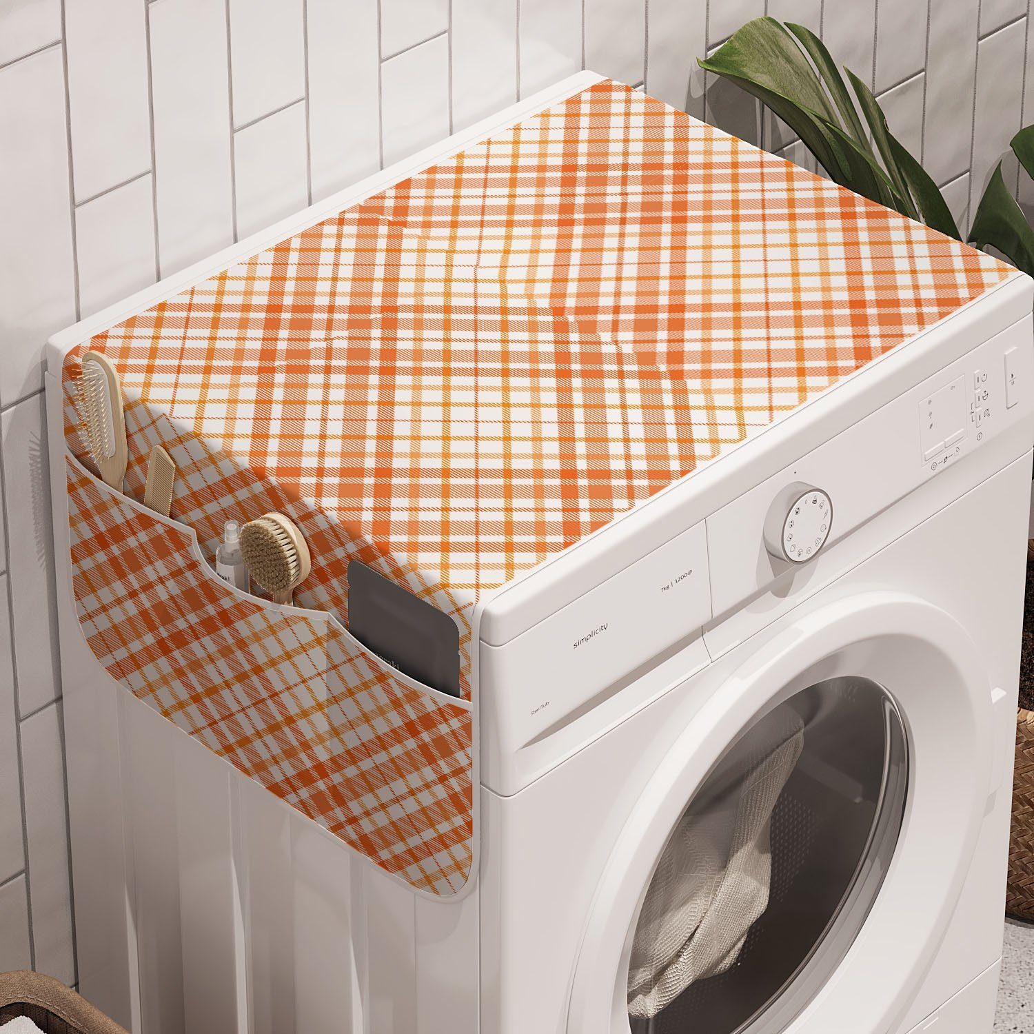 Abakuhaus Badorganizer Anti-Rutsch-Stoffabdeckung für Waschmaschine und Trockner, Kariert Tartan in Orangetönen