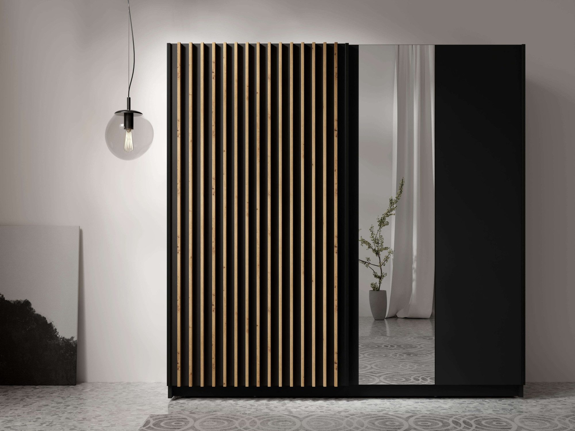 Home affaire Kleiderschrank Kleiderschrank Camden mit Spiegel, 4 Einlegeböden und Kleiderstange Garderobe mit 2 Schwebetüren und Lamellen, BxHxT 200,2x198,5x61,6 cm