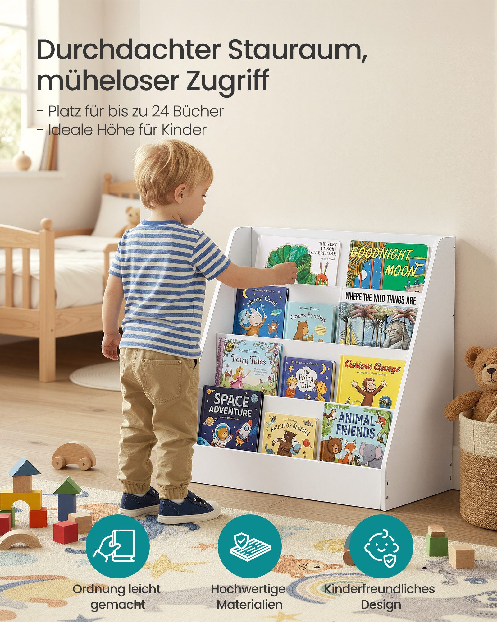 SONGMICS Spielzeugtruhe Kinderregal, Bücherregal, Spiegelregal, Spielzeugregal, Montessori Regal mit 4 Ebenen, 30 x 60 x 60 cm
