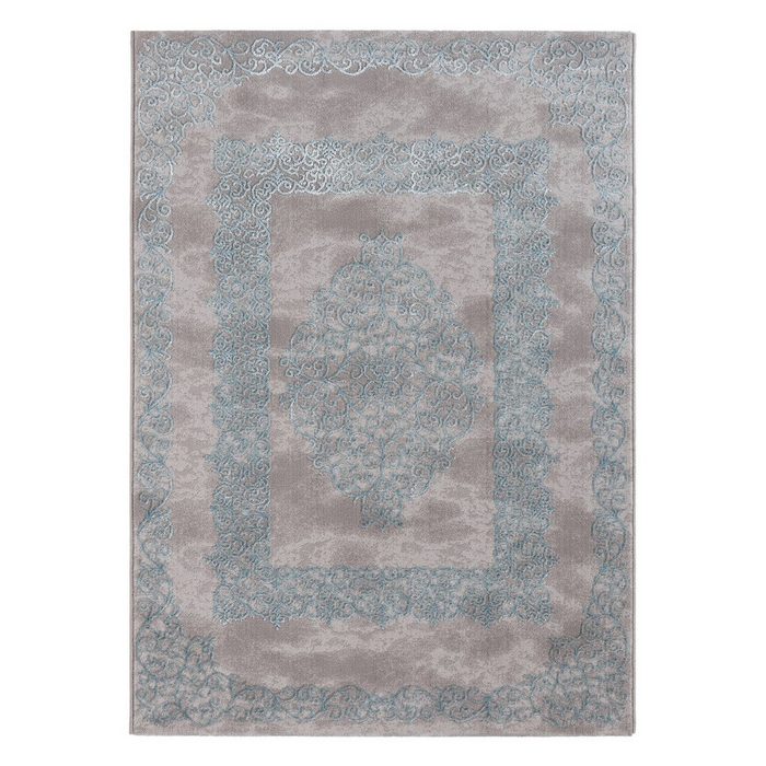Teppich Teppich Vintage Design grau-blau Sehrazat Rechteckig Höhe: 12 mm 3D Effekt glänzende Oberfläche mit Medaillon mit Bordüre