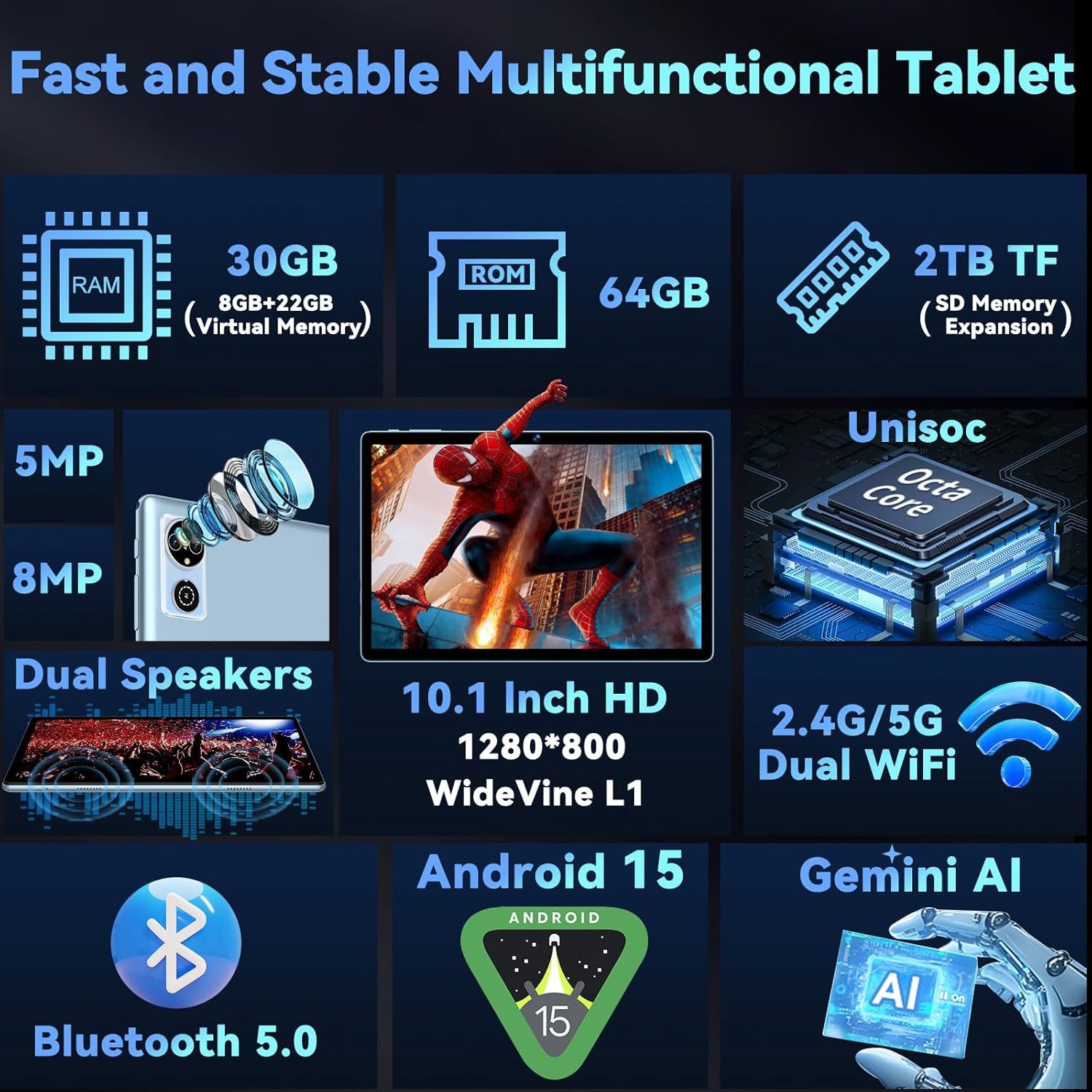 DEERTiME Android 15 Tablet 30GB RAM 64GB Speicher/erweiterbar auf bis 2TB Tablet (10,1", 64 GB, Android 15, 6000mAh, Gemini AI, 5G WiFi, Widevine L1, mit Tastatur/Maus)