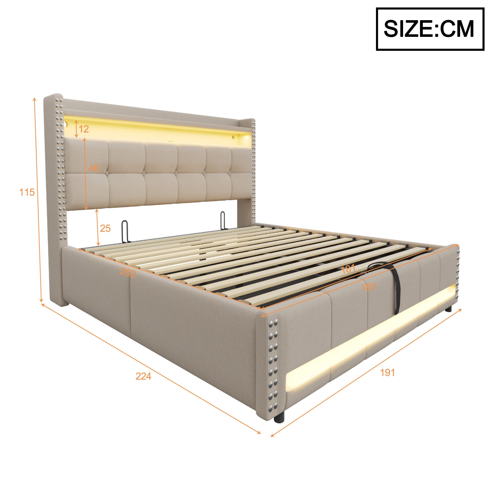 Flieks Polsterbett, LED Hydraulisches Stauraumbett Doppelbett 180x200cm mit günstig online kaufen
