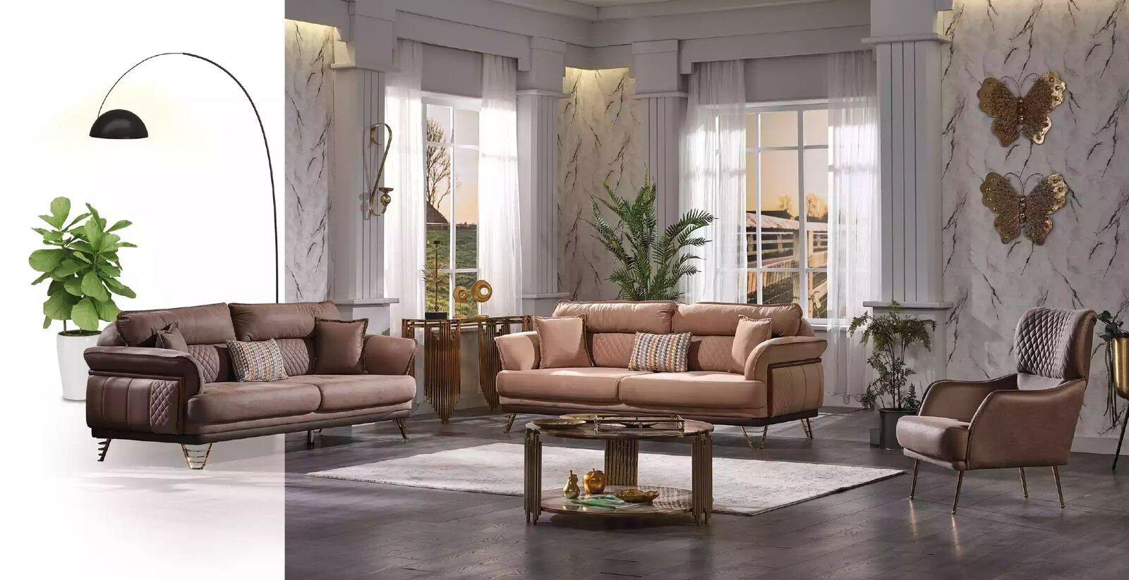 JVmoebel Wohnzimmer-Set Braune Couchgarnitur Luxus 3+3+1 Sitzer Wohnzimmer Möbel, (2-St., Sessel, Sofa 3-Sitzer), Made in Europa