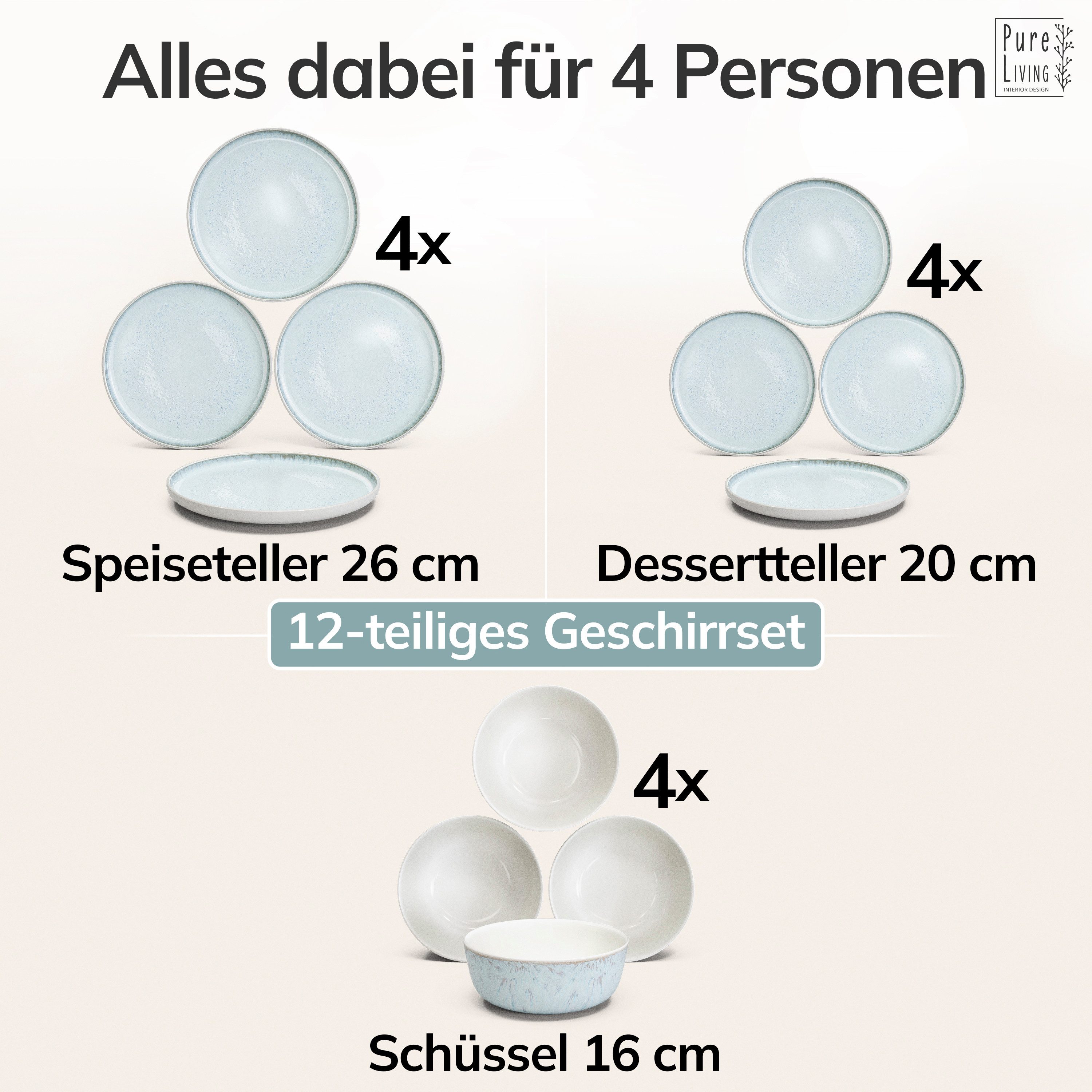PURE LIVING INTERIOR DESIGN Geschirr-Set Ibiza aus Steingut, 12-tlg., für 4 Personen, Beige Blau (12-tlg), 4 Personen, Steingut – Bild 5 von 5