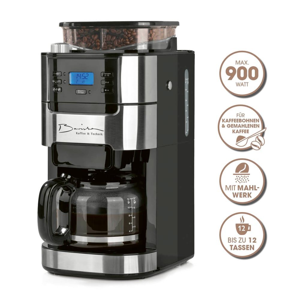 Barista Kaffeemaschine mit Mahlwerk mit verstellbarem Mahlwerk & Glaskanne, 24h Timer & Permanentfilter, 0.03l Kaffeekanne, Kaffeemaschine für Bohnen & Pulver