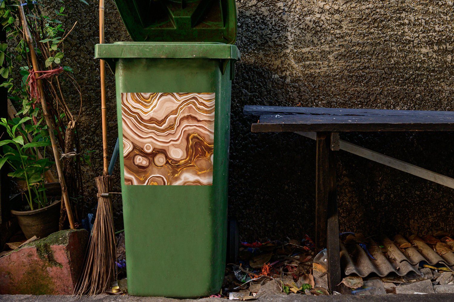 Steine Abfalbehälter Mülleimer-aufkleber, St), Wandsticker MuchoWow Mülltonne, Braun (1 - Sticker, Container, - - Gold Achat-Geode