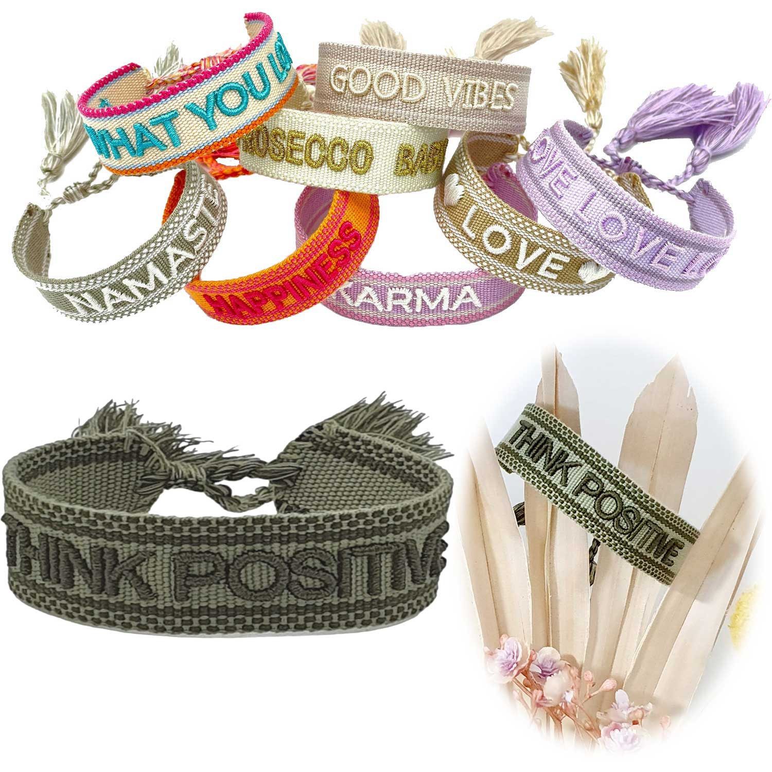 LS-LebenStil Armband Canvas Statement Armband Think Positive Khaki Grün Quasten bestickt (Baumwollarmband Webarmband Armbandliebe Freundschaftsarmband Freundschaftsband Partnerarmband, 1-tlg., textil geflochten gewebt - hochwertiger gestickter Spruch), perfekt als Serviettenring – personalisiert auch für Hochzeiten usw