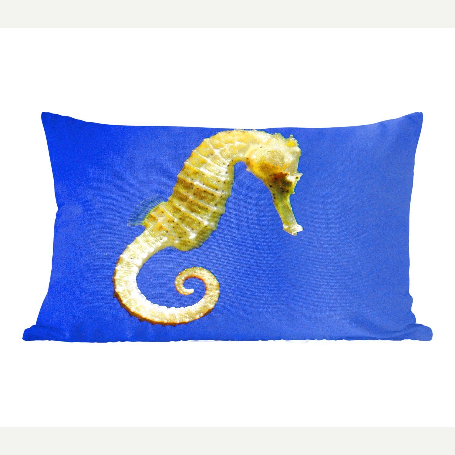 MuchoWow Dekokissen Ein gelbes Seepferdchen auf blauem Hintergrund, Wohzimmer Dekoration, Zierkissen, Dekokissen mit Füllung, Schlafzimmer