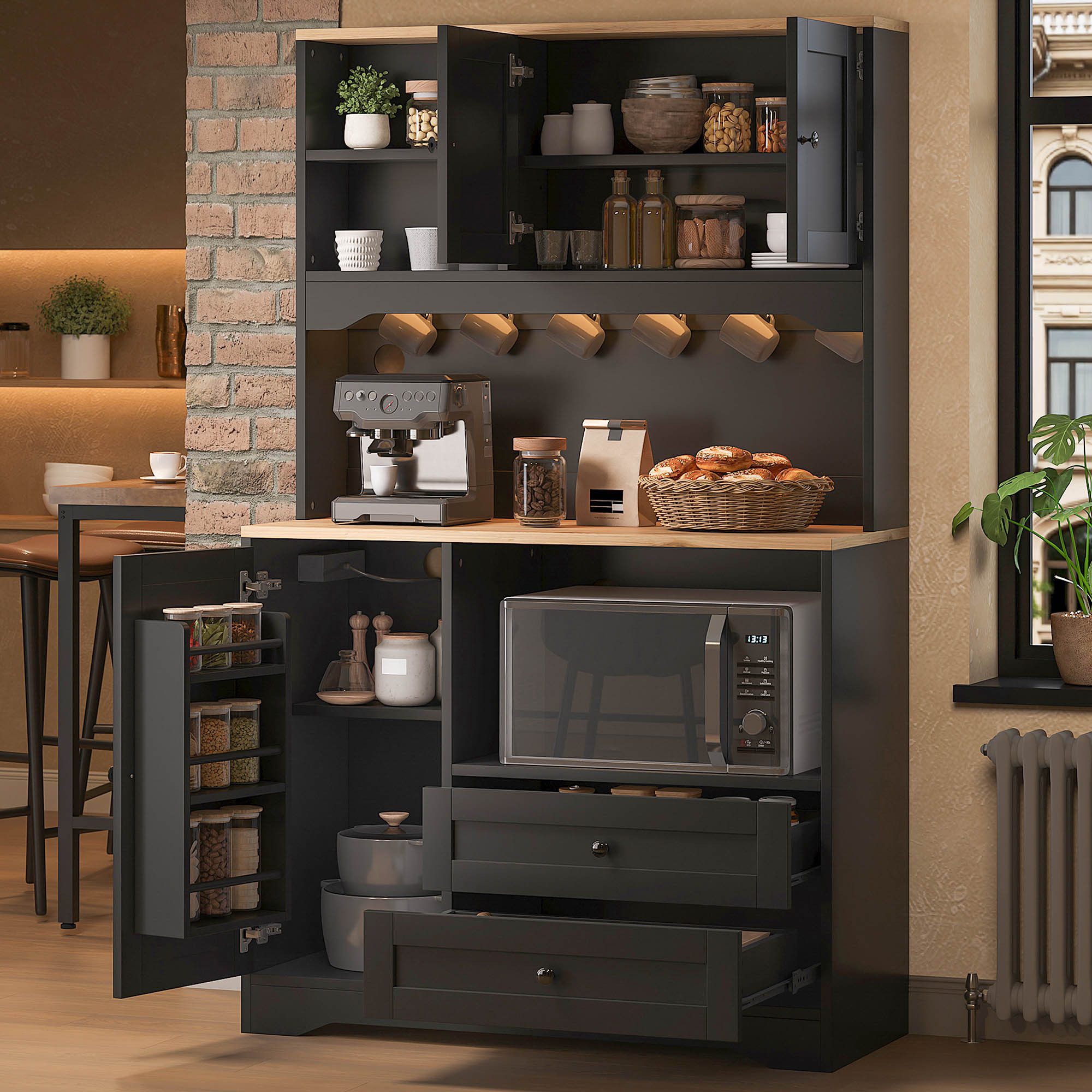 Flieks Küchenbuffet Hochschrank mit LED-Beleuchtung, Steckdosen, 6 Haken, Türablagen (Ladefunktion, verstellbare Einlegeböden, 1-St., B100xT40xH163 cm) Küchensc – Bild 4 von 5
