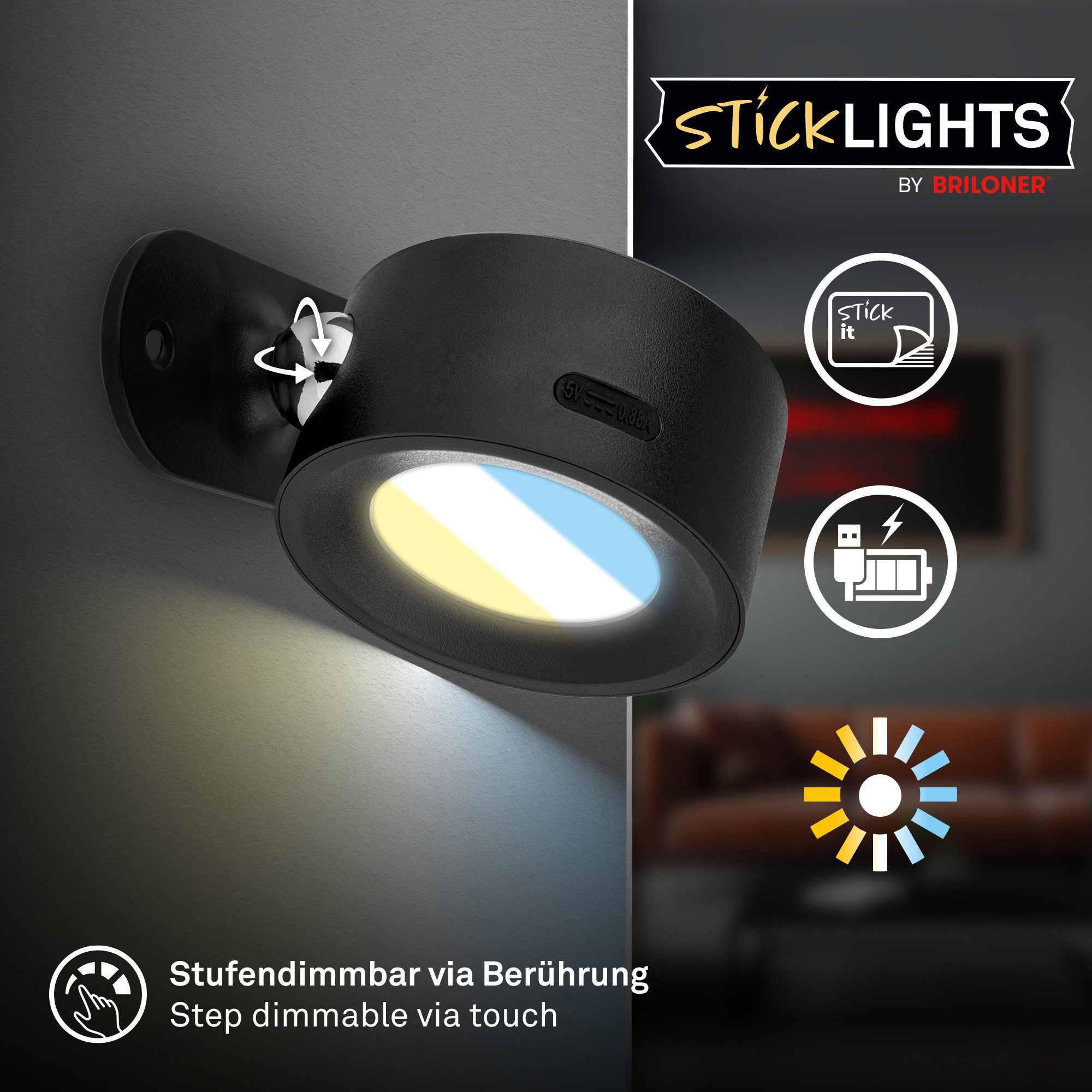 Briloner Leuchten LED Wandleuchte Wandlampe kabellos Akku Bettlicht Bildbeleuchtung CCT Magnetisch, LED fest integriert, Wandlicht Innen 9 x 7,5 x 4 cm ohne Stromanschluss