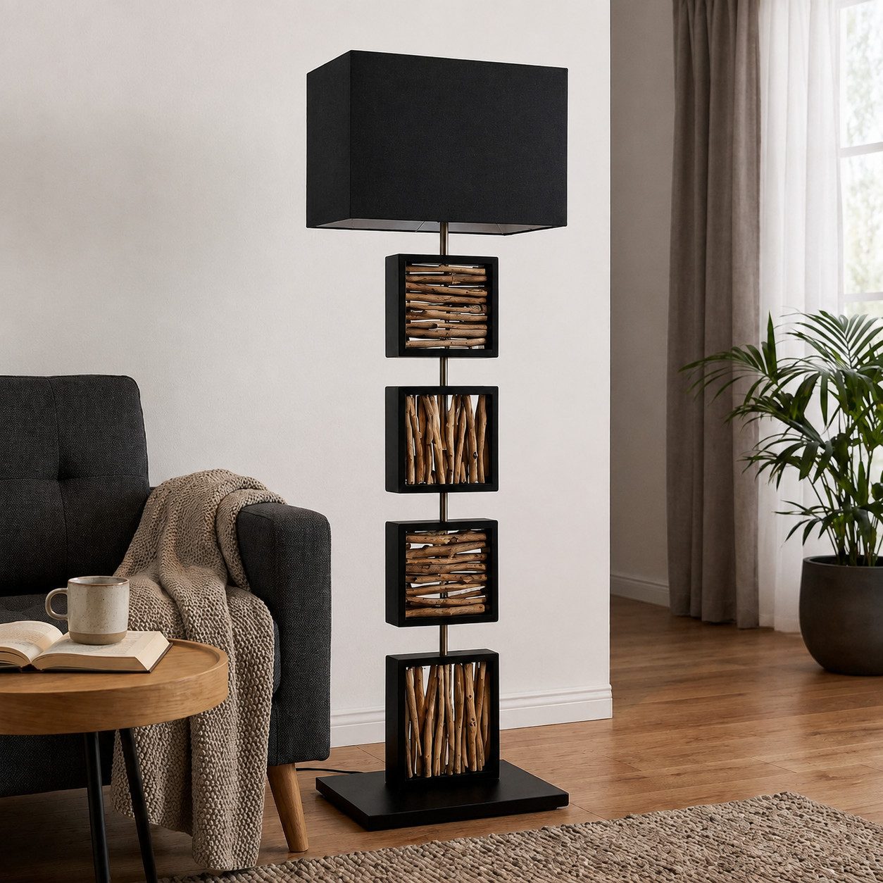 Möbel Bressmer Stehlampe Stehlampe Holz REMA Treibholz Akazie mit Schwarz Gold Schirm 163 cm, ohne Leuchtmittel