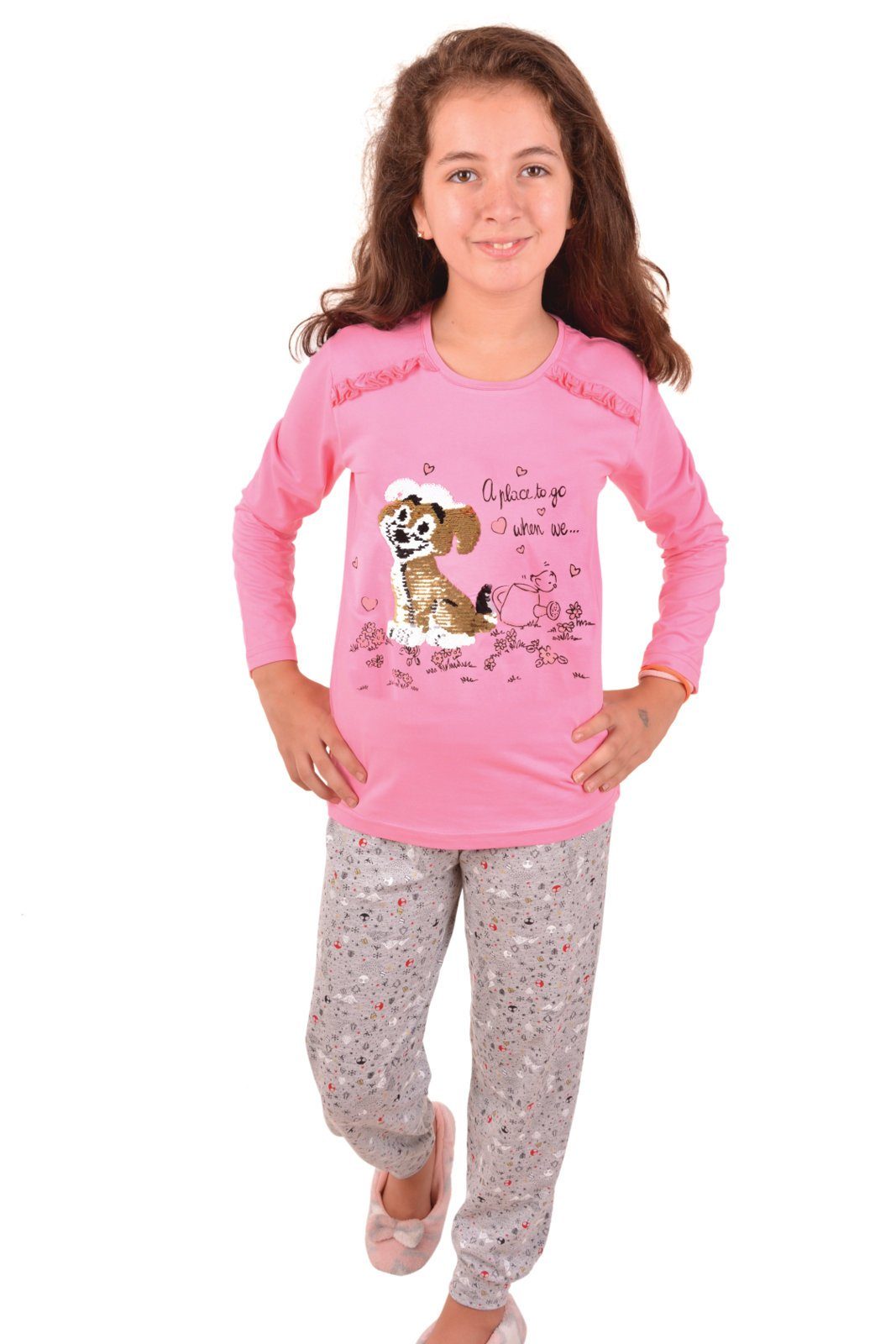 Pyjama Baumwolle Pyjama Schlafanzug langarm Mädchen (Set, 2 Hausanzug tlg) LOREZA Set Rosa,Grau