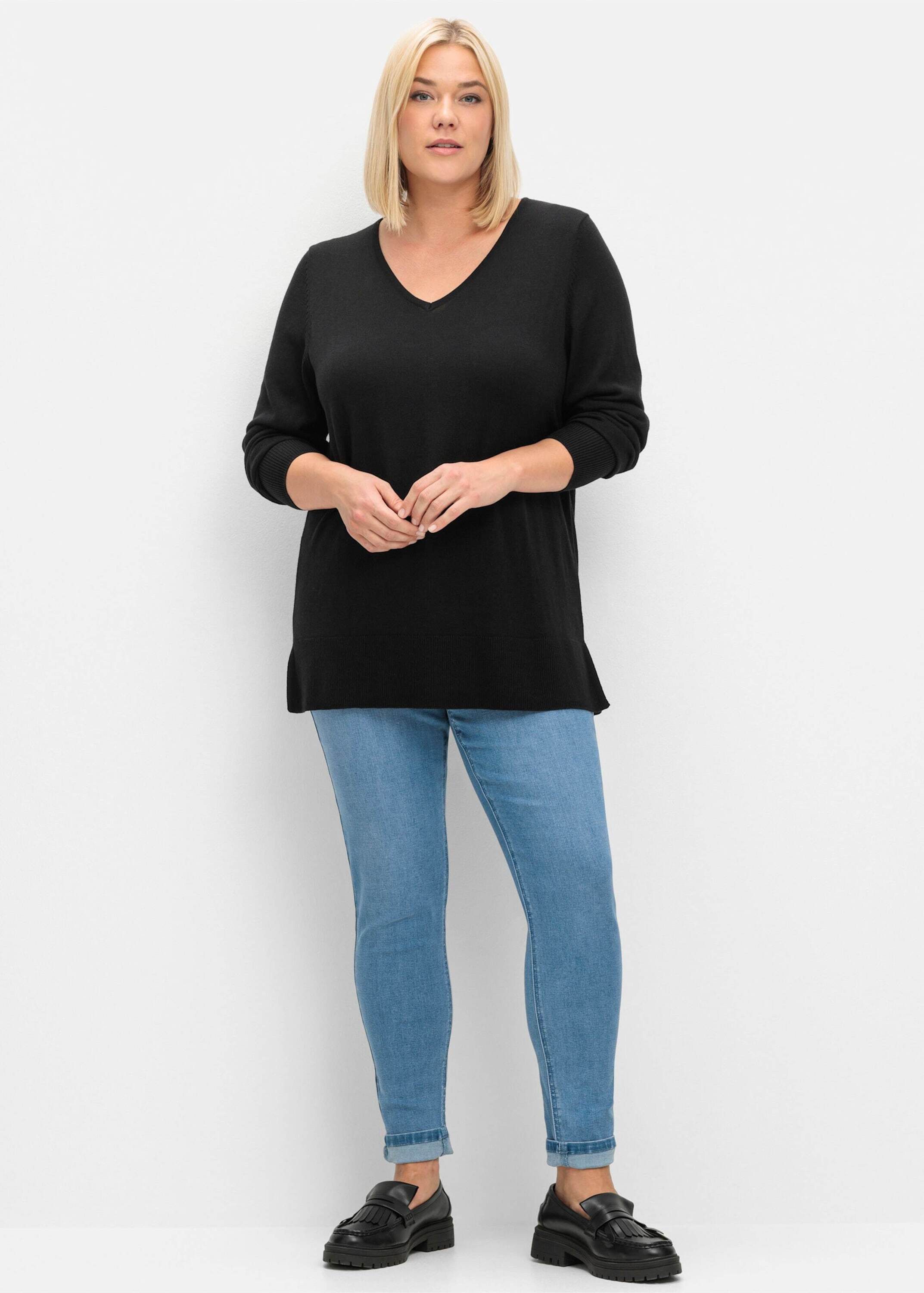 Sheego Strickpullover V-Ausschnitt-Pullover Langarm aus leichtem Feinstrick günstig online kaufen