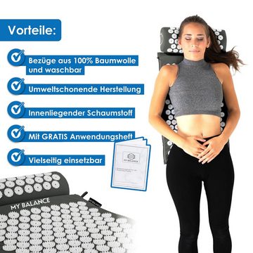 My Balance Akupressurmatte mit Kissen + GRATIS Anwendungsheft 24seitig, Waschbare Massage-Matte ideal für Shiatsu o. Shakti, Kann Rückenschmerzen und Verspannungen lindern (Akupressur Set, 1er), Waschbar