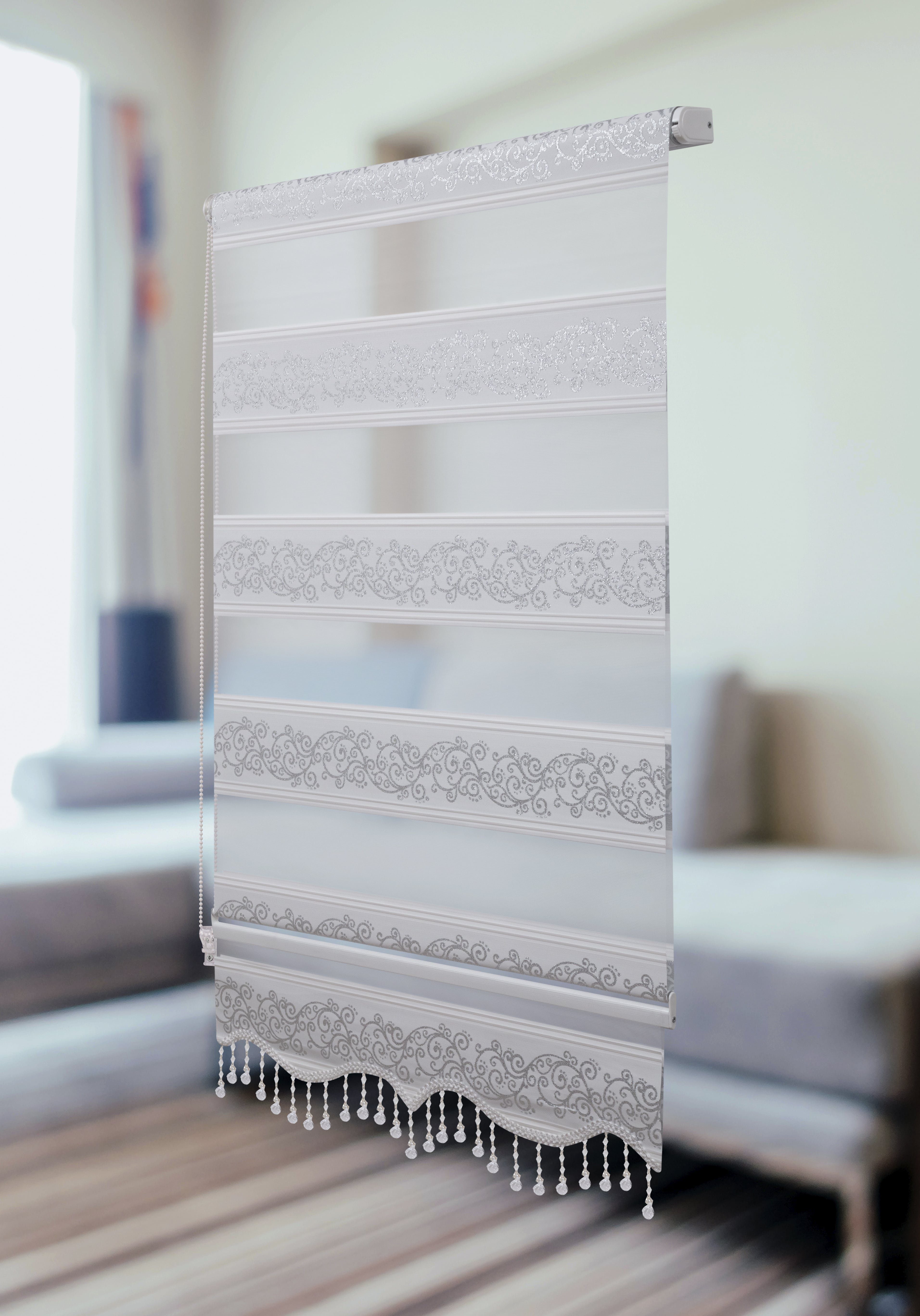 Doppelrollo Doppelrollo Klemmfix ohne Bohren weiß Silber Rankenmuster mit Perlen, Plisseeonline, blickdicht, ohne Bohren, Klemmfix