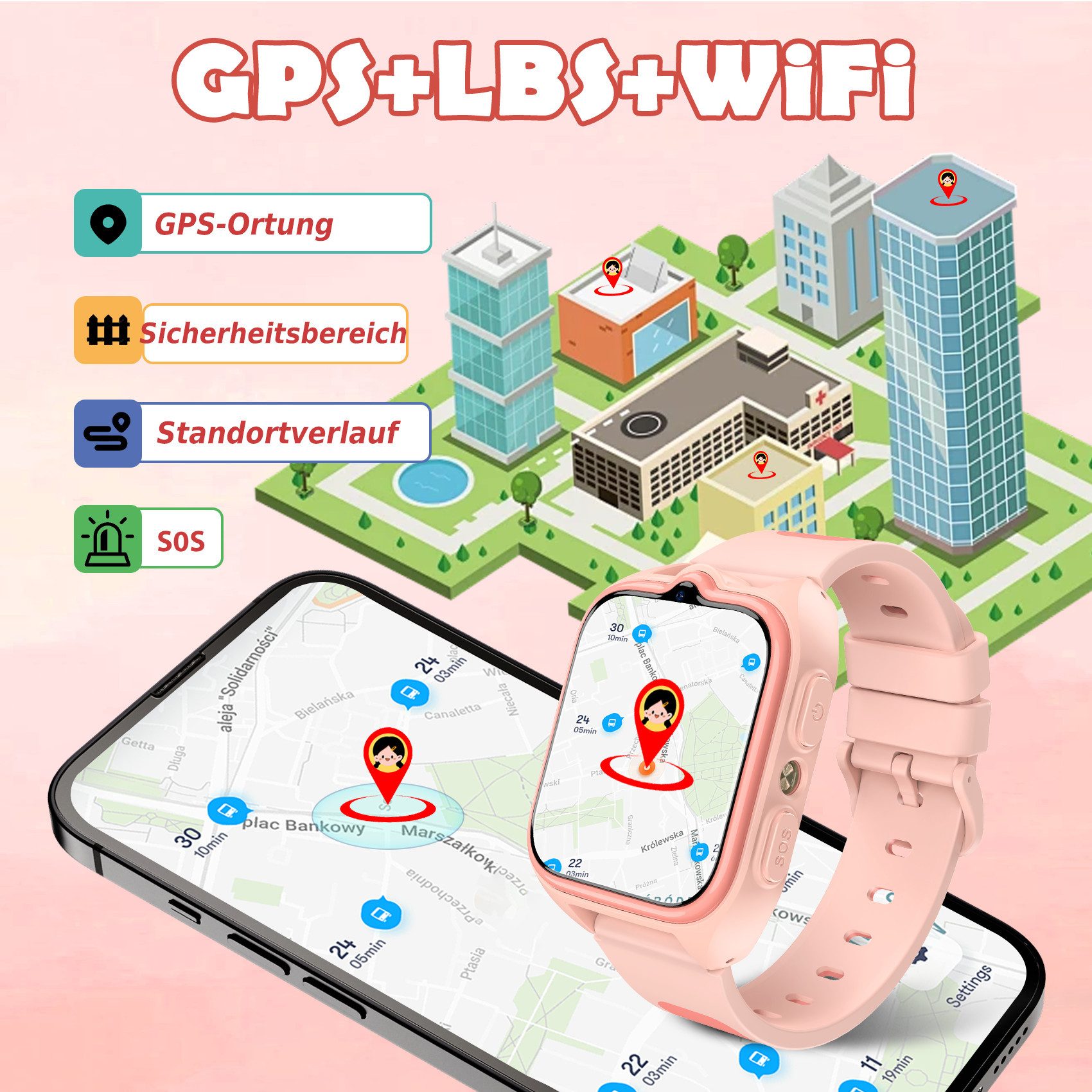 blackview Kinder Smartwatch 4G GPS – Telefon, Videochat, SOS, Ortung, Schulmodus Smartwatch (1.75 Zoll), 1-tlg., 1×Smartwatch, 1×Halsband, 1×Ladekabel, 1× Bedienungsanleitung( DE), GPS+WLAN+LBS Ortung,800 mAh,LED-Taschenlampe,Mit SIM-Kartensteckplatz