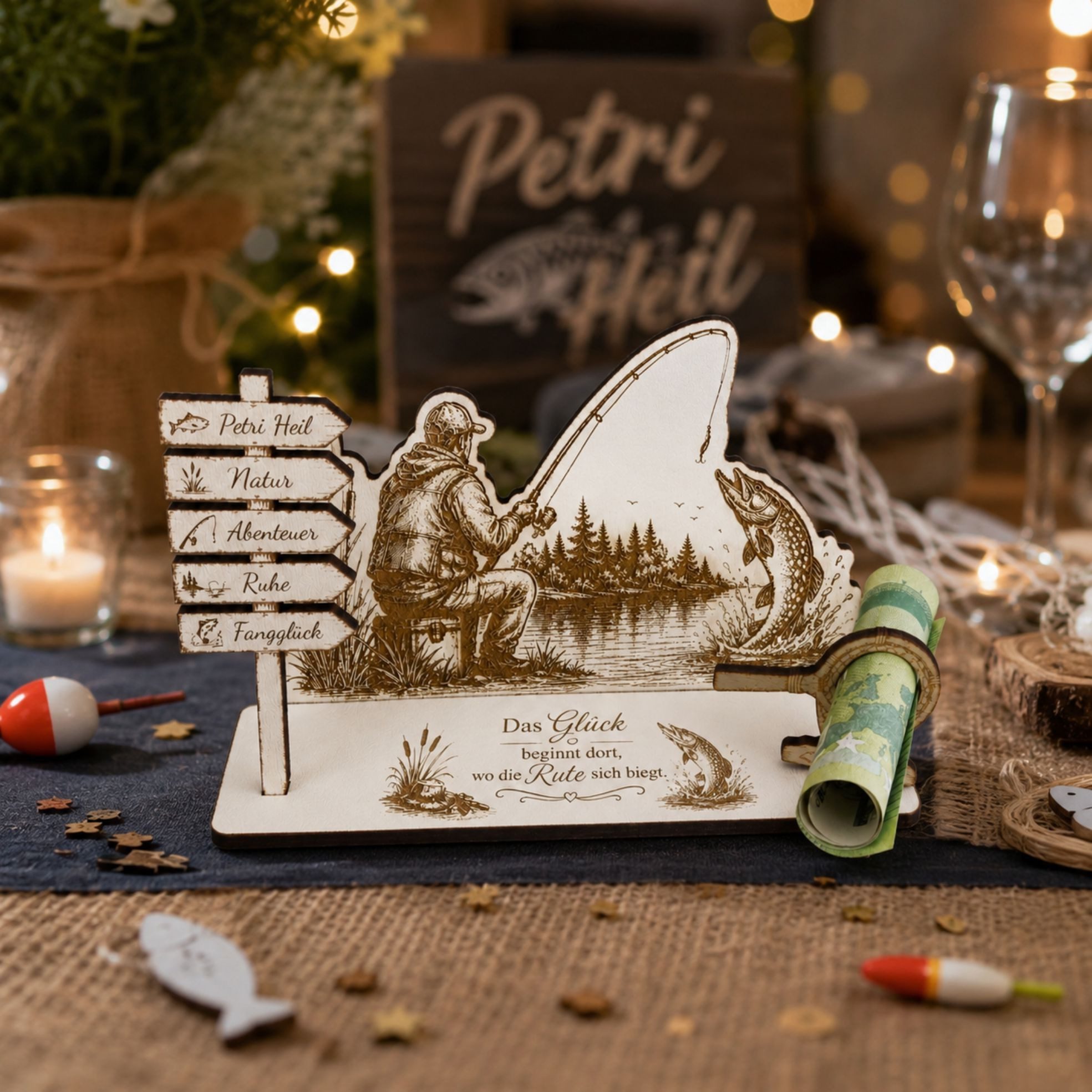 Dekolando Geschenkkarte Geldgeschenk Angler aus Holz – Geschenk für Angler 15 x 8 cm – Bild 3 von 5