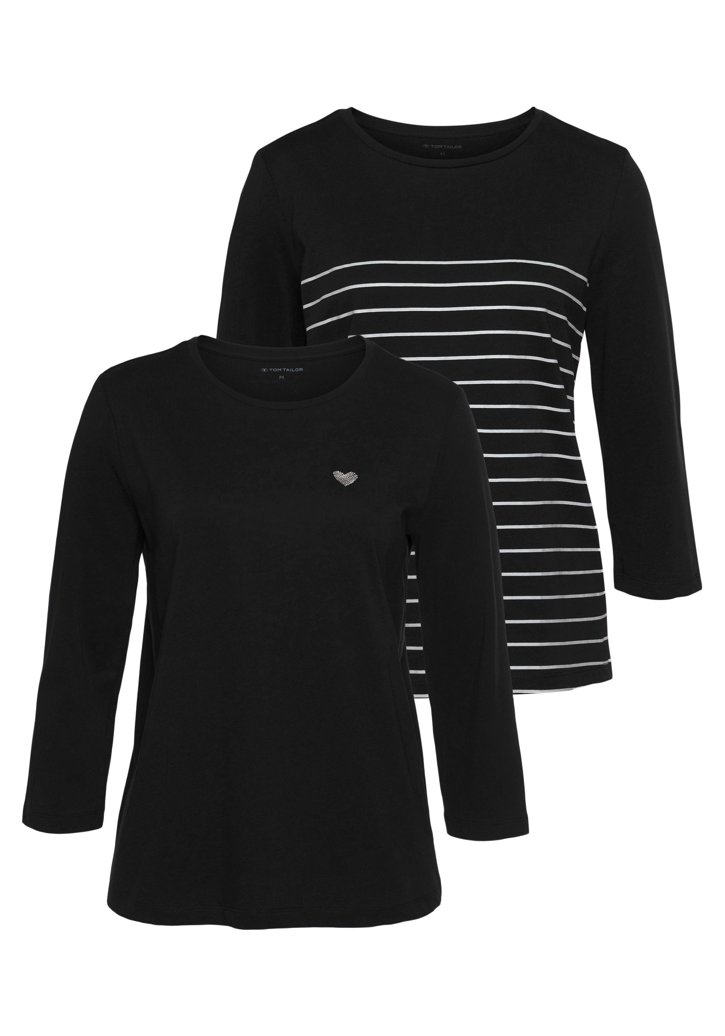 TOM TAILOR 3/4-Arm-Shirt (Packung, 2-tlg., 2er-Pack) im Doppel - immer Ringel + uni schwarz, schwarz-geringelt