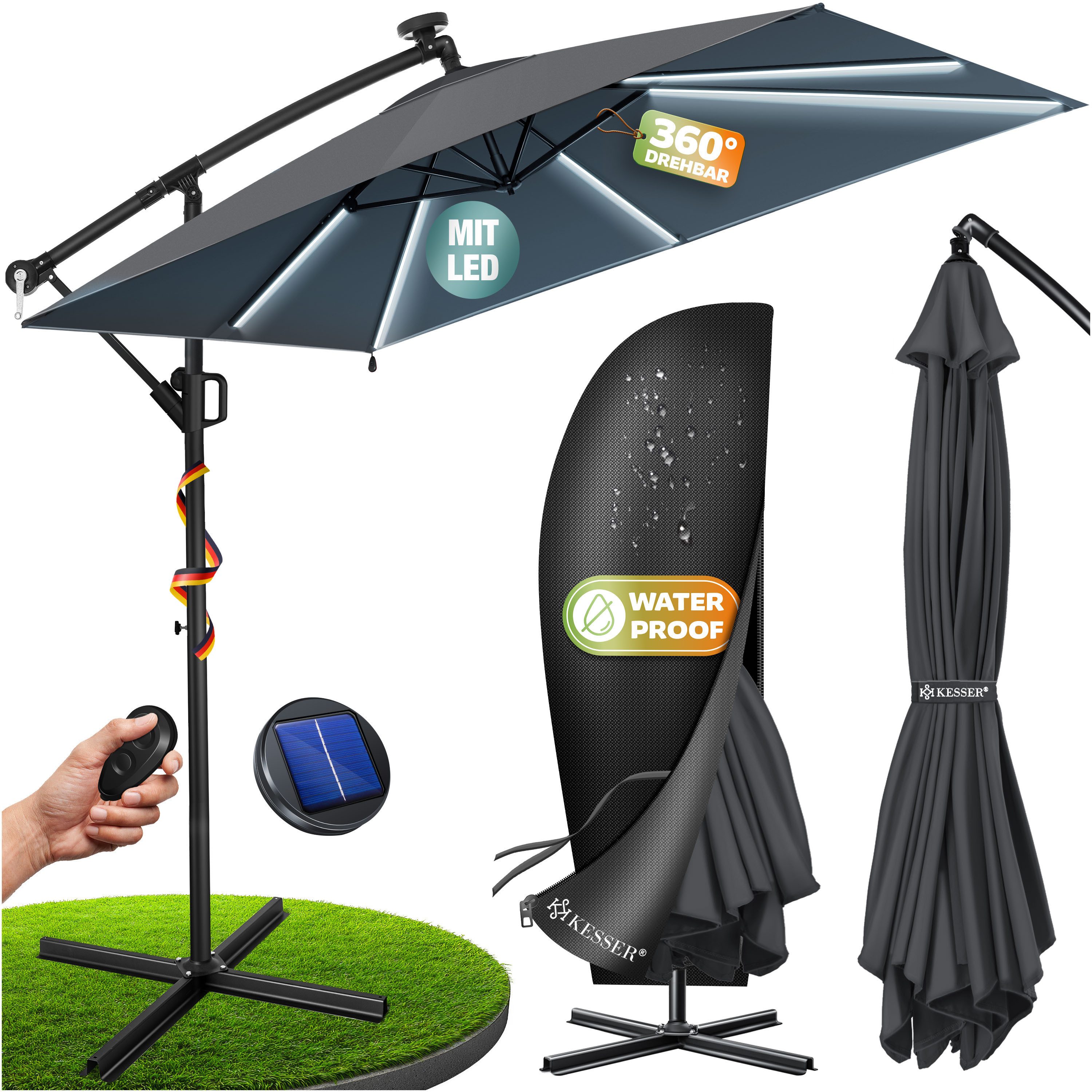 KESSER Ampelschirm, Ø350cm Sonnenschirm inkl. Abdeckung & Wind- & wetterfest