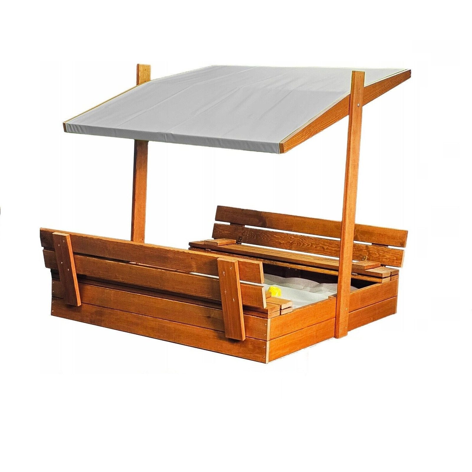 QLS Sandkasten 150cm mit Dach & Bank, aus Holz Imprägniert Abdeckung Unkrautvlies Sandbox 148 x 152 cm
