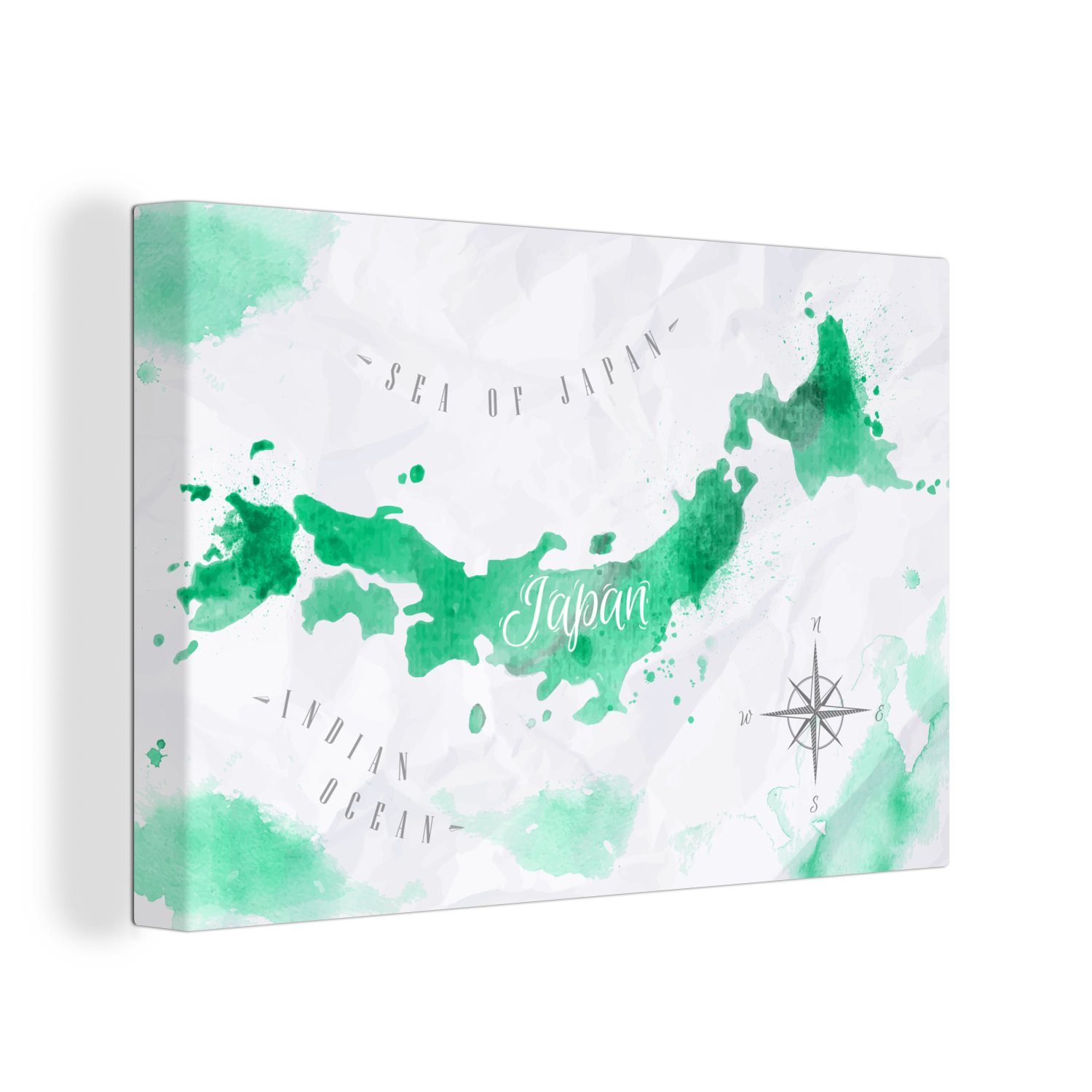 OneMillionCanvasses® Leinwandbild Weltkarte - Grün - Windrose, (1 St), Wandbild Leinwandbilder, Aufhängefertig, Wanddeko, 30x20 cm