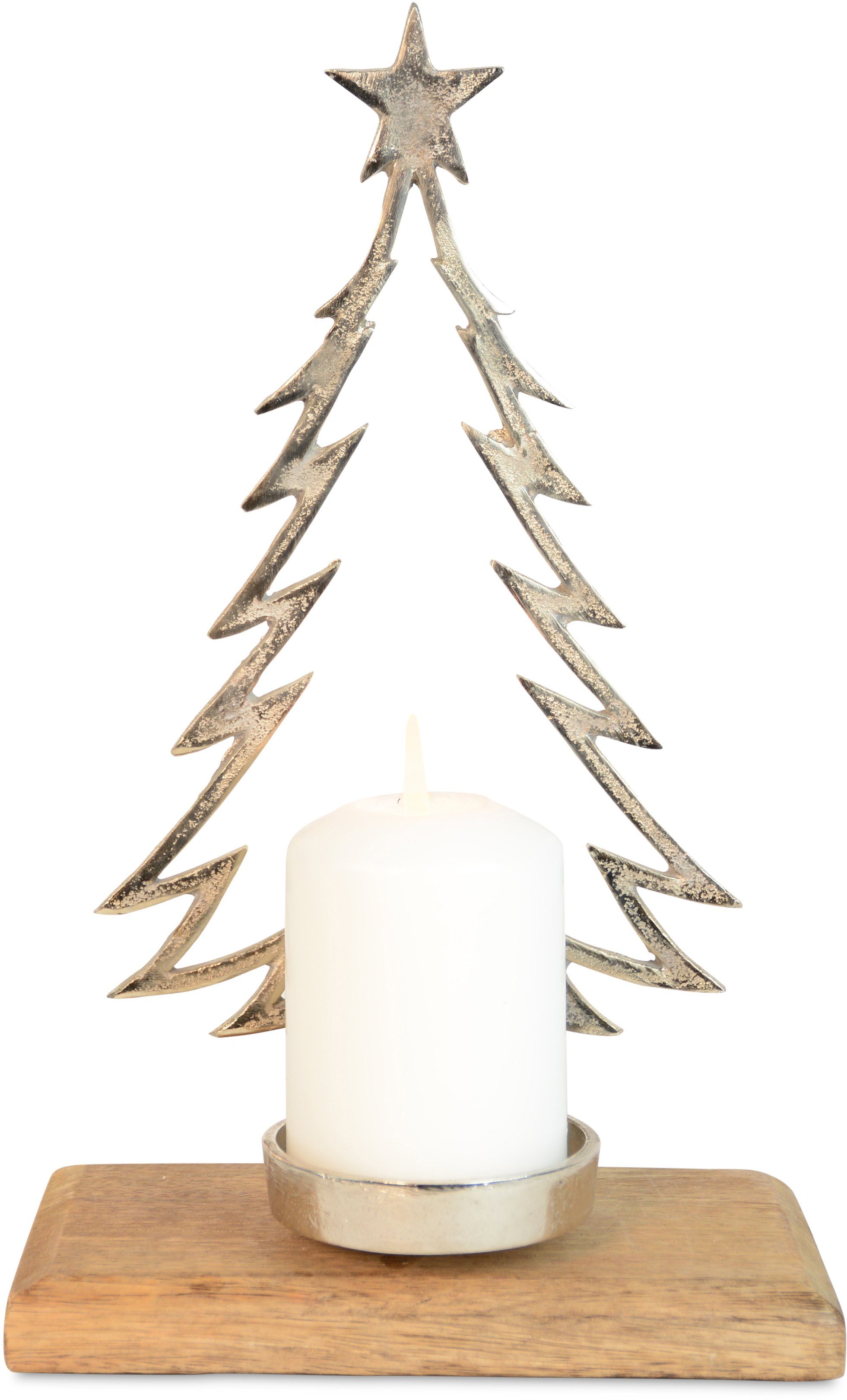RIFFELMACHER & WEINBERGER Kerzenhalter Weihnachtsdeko (1 St), Höhe ca. 32 cm, Baumsilhouette aus Metall auf Holzsockel | Kerzenständer
