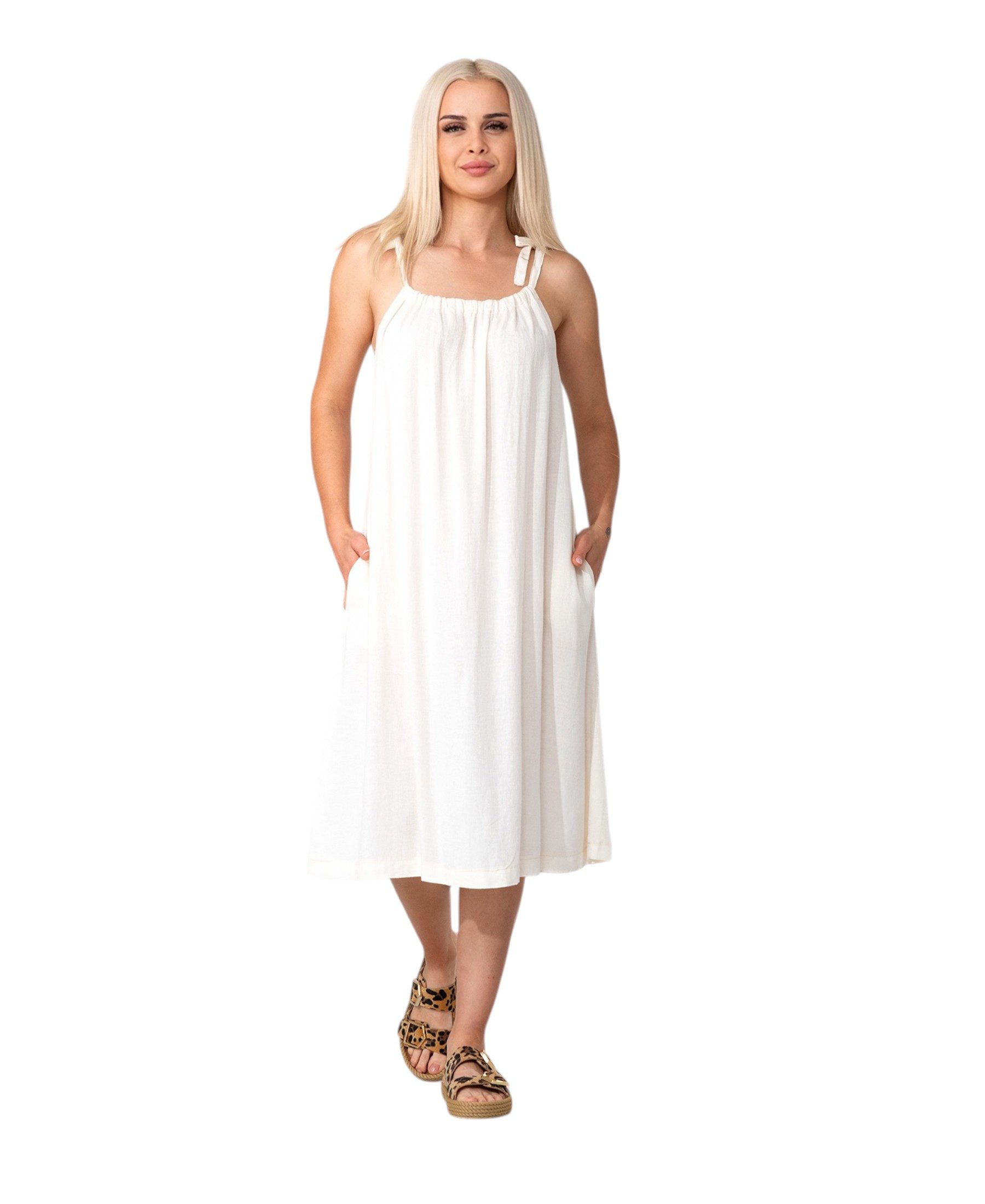 WENOR Sommerkleid aus Leinenmix mit Bindeträgern – luftiges Strandkleid mit Taschen (1-tlg) Bindeträger,seitliche Eingrifftaschen,natürliches Material – Bild 2 von 5