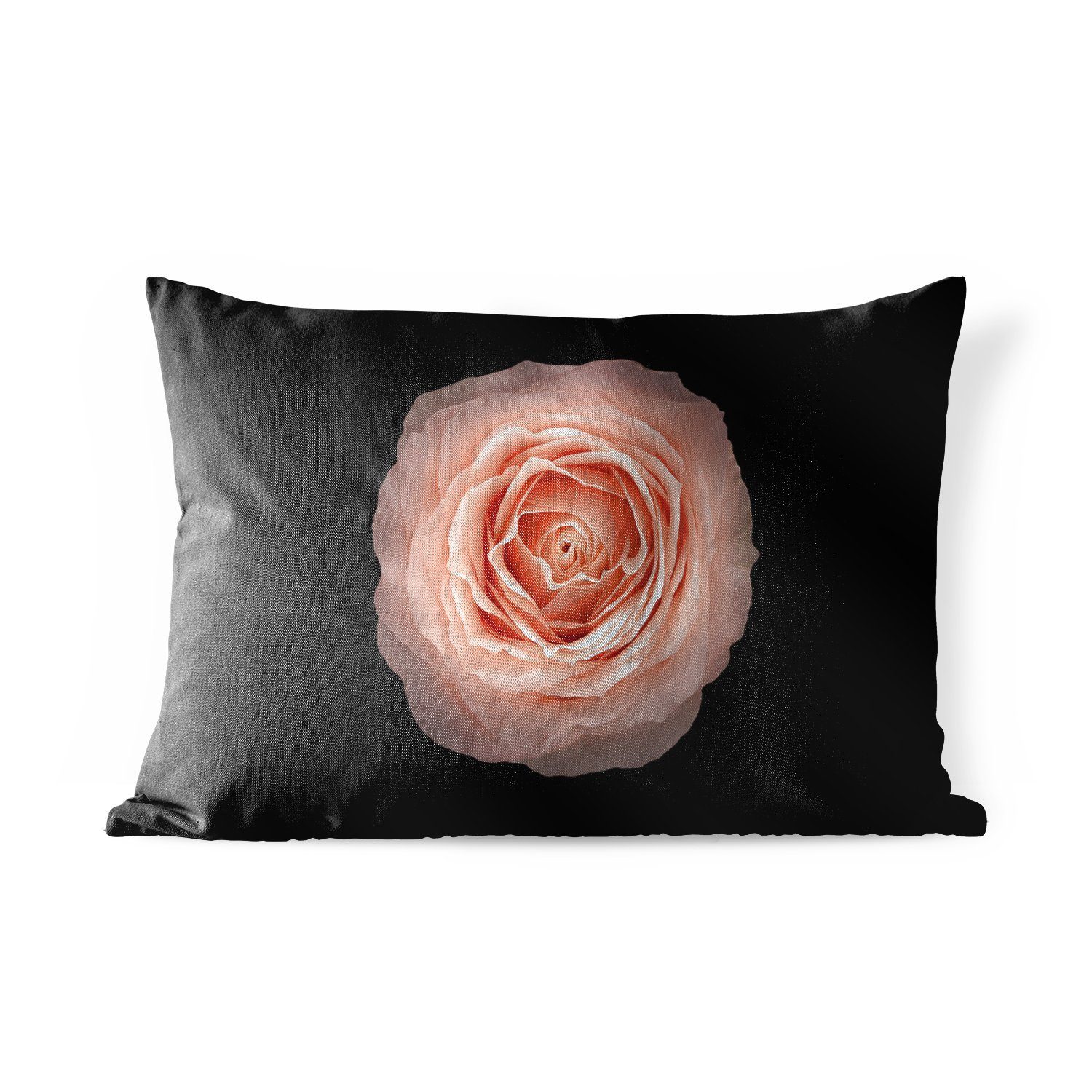 MuchoWow Dekokissen Runde Form Rosa Blume auf schwarzem Hintergrund, Ansicht von oben, Outdoor-Dekorationskissen, Polyester, Dekokissenbezug, Kissenhülle