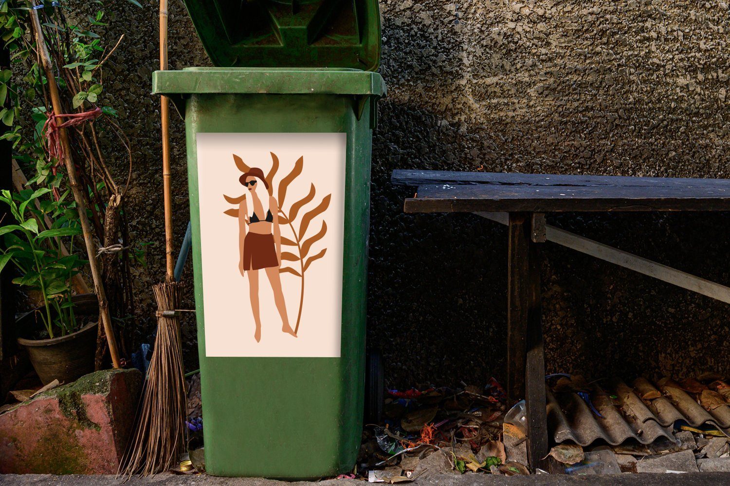 Mülltonne, - Sticker, Mülleimer-aufkleber, Laub Sommer (1 - Abfalbehälter MuchoWow St), Container, Frau Wandsticker