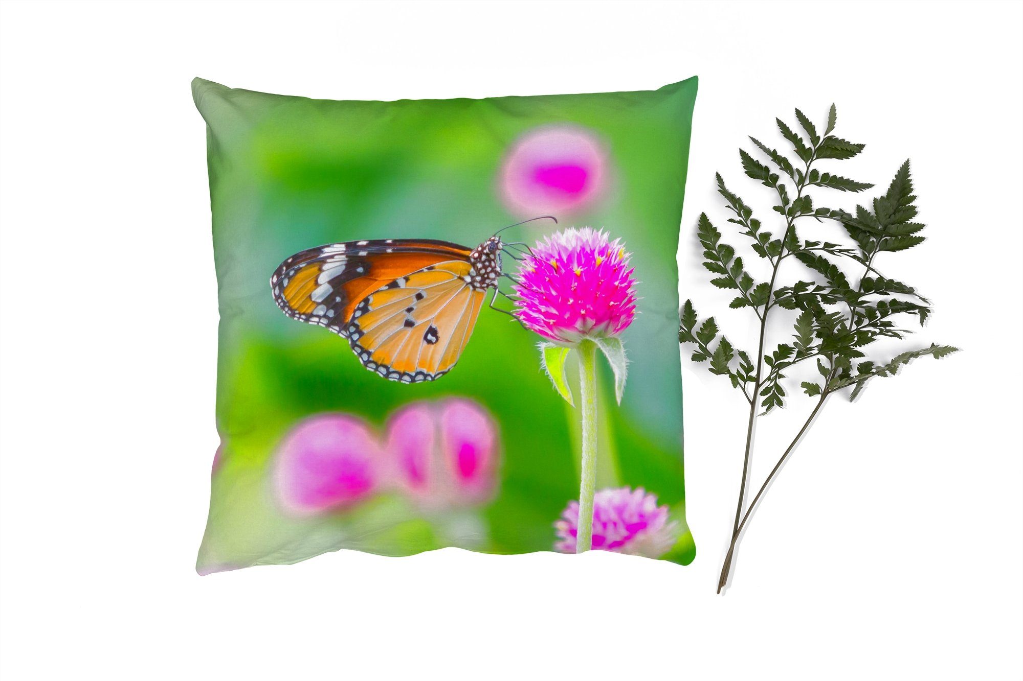 MuchoWow Dekokissen Landleben - Schmetterling - Distel - Blume, Zierkissen mit Füllung für Wohzimmer, Schlafzimmer, Deko, Sofakissen