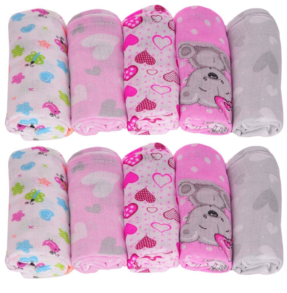 La Bortini Stoffwindeln Spucktücher 10er Pack Baby Mulltücher Mullwindeln Babytücher bunt rosa, aus reiner Baumwolle, große Packung
