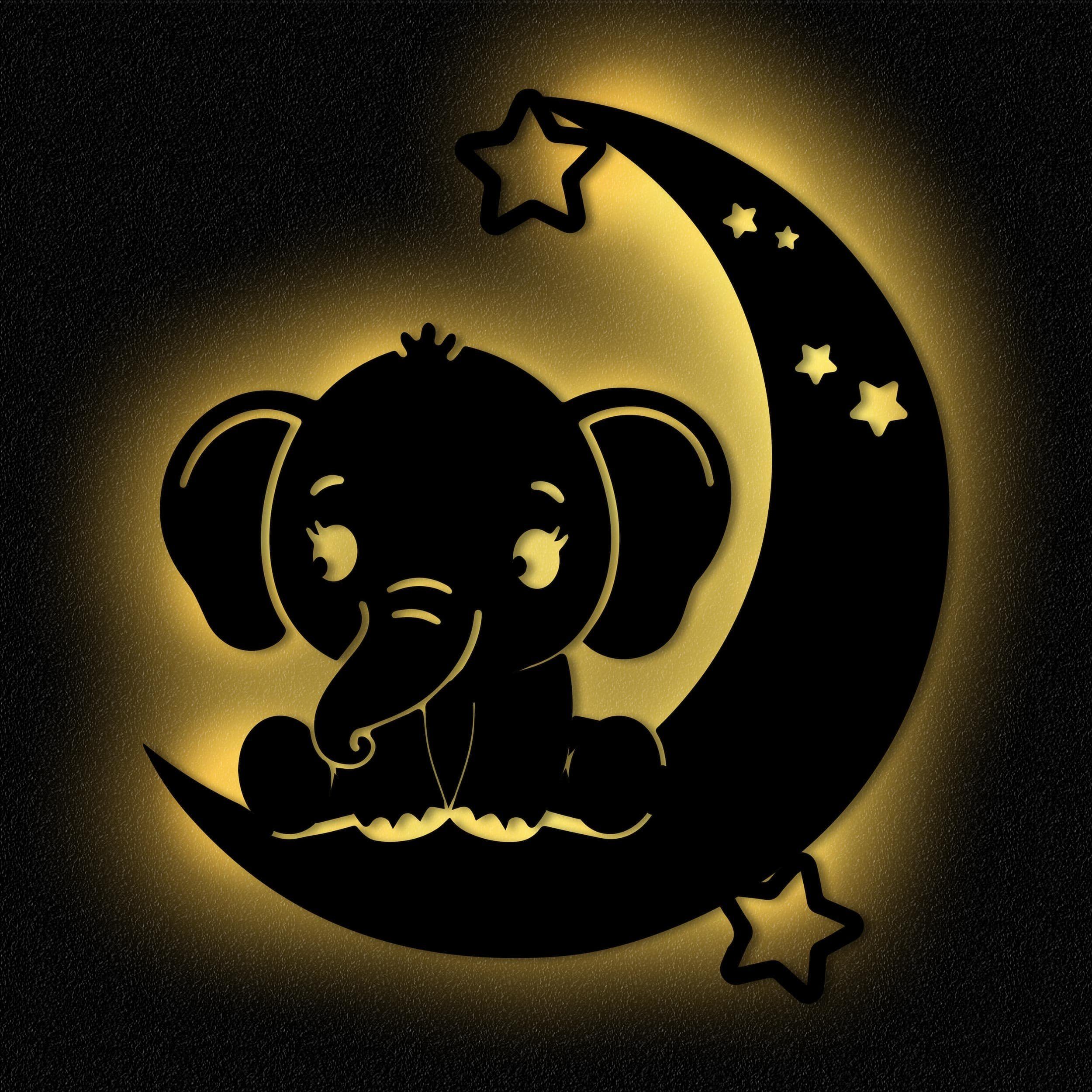 Namofactur LED Wandleuchte Baby Elefant auf Mond - Schlaflicht mit Elefanten Motiv für Kinder, Ohne Zugschalter/Stern, LED fest integriert, Warmweiß, Wanddekoobjekt, Wohnzimmer Leuchte, batteriebetrieben