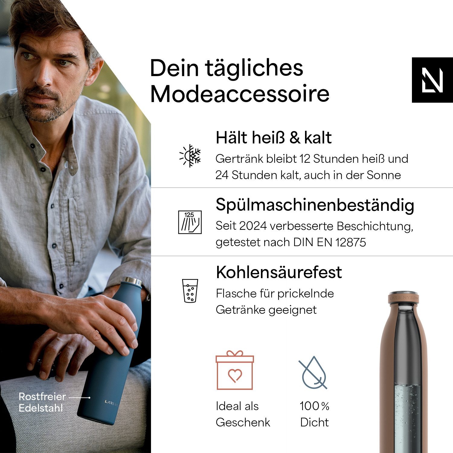 LARS NYSØM Thermoflasche Ren, Isolierflasche mit Vakuum Isolierung: 12h heiß / 24h kühl