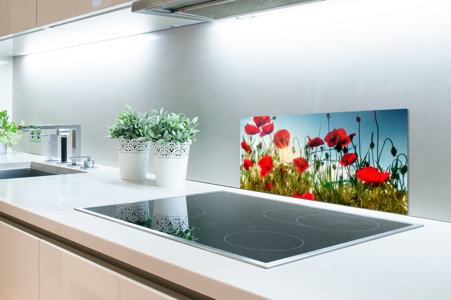 Wandschutz, Küchen gegen und Schmutzflecken - Fett Sonne cm, MuchoWow - Blau, 60x30 - - Küchenrückwand Mohnblumen Rot Toskana für (1-tlg),