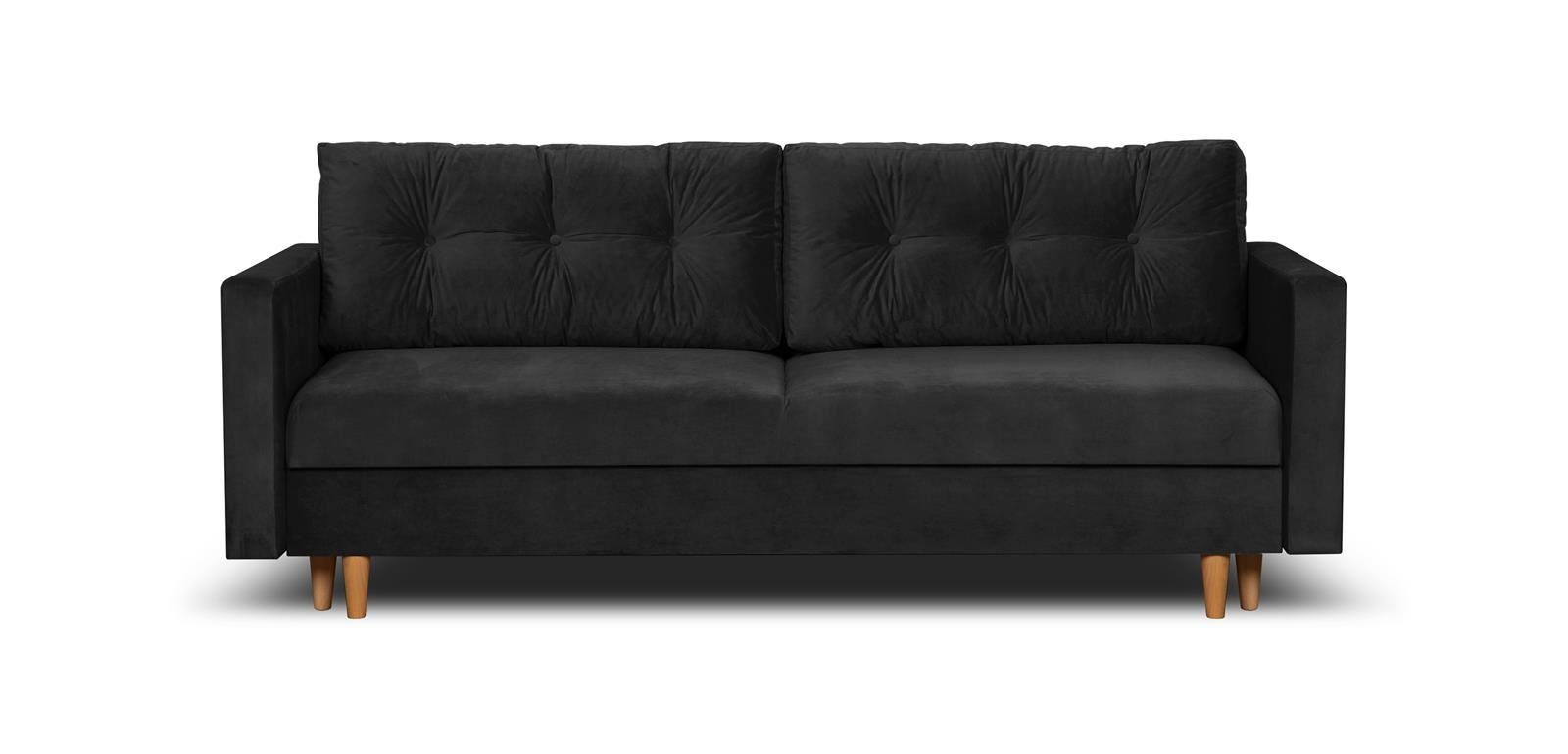 Couch Stil, Polstersofa Wohnzimmer Sigurd, 07) Schlafsofa Schwarz mit (kronos Sofa skandinavisches Bettkasten, für Schlaffunktion Velours, und im aus Beautysofa