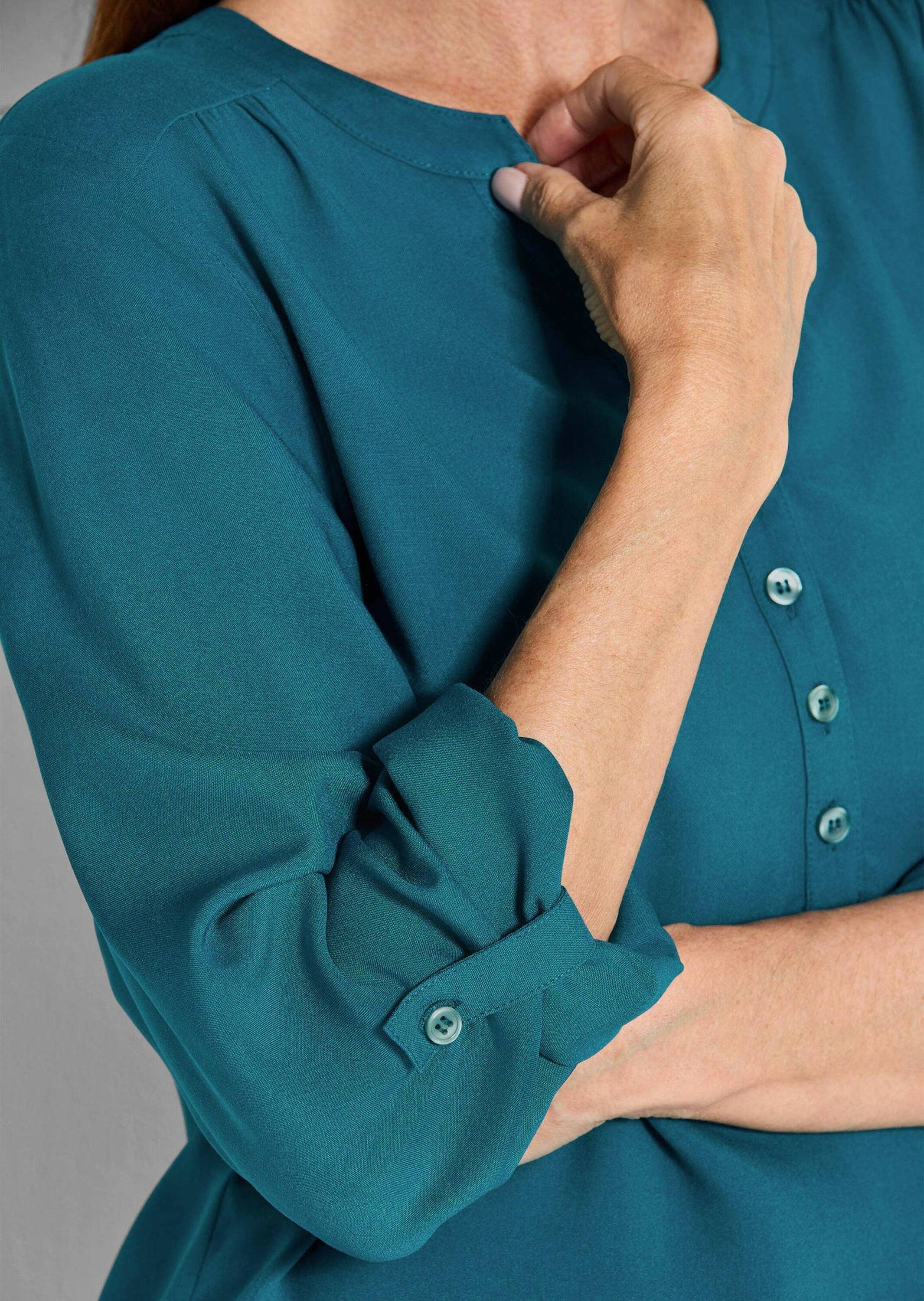 GOLDNER Schlupfbluse Elegante Viskosebluse mit V-Ausschnitt Luftige Bluse mit Fältchen, Knopfleiste und Langarm