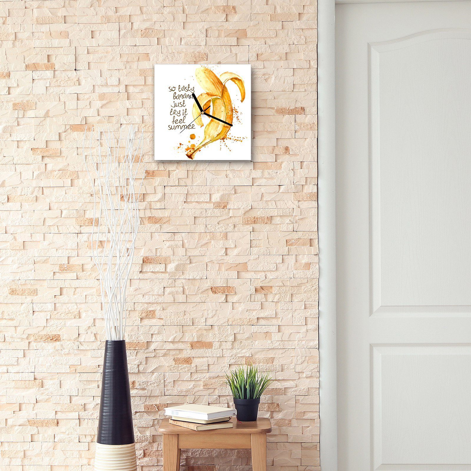mit Primedeco Wanduhr Wandkunst Glasuhr 30 cm Wanduhr Illustration Banane Größe Motiv x 30