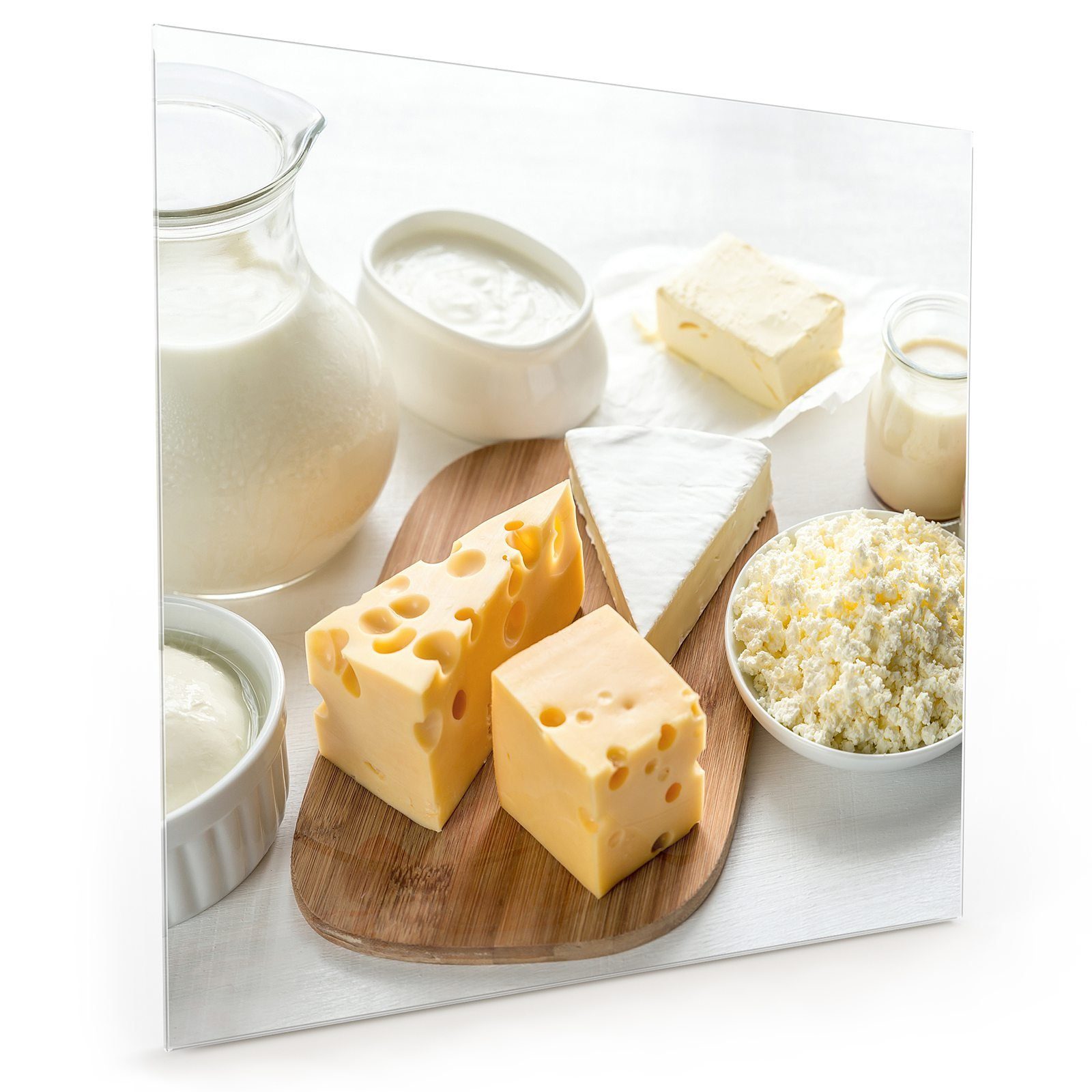 Primedeco Küchenrückwand Spritzschutz Glas Käse und Milch
