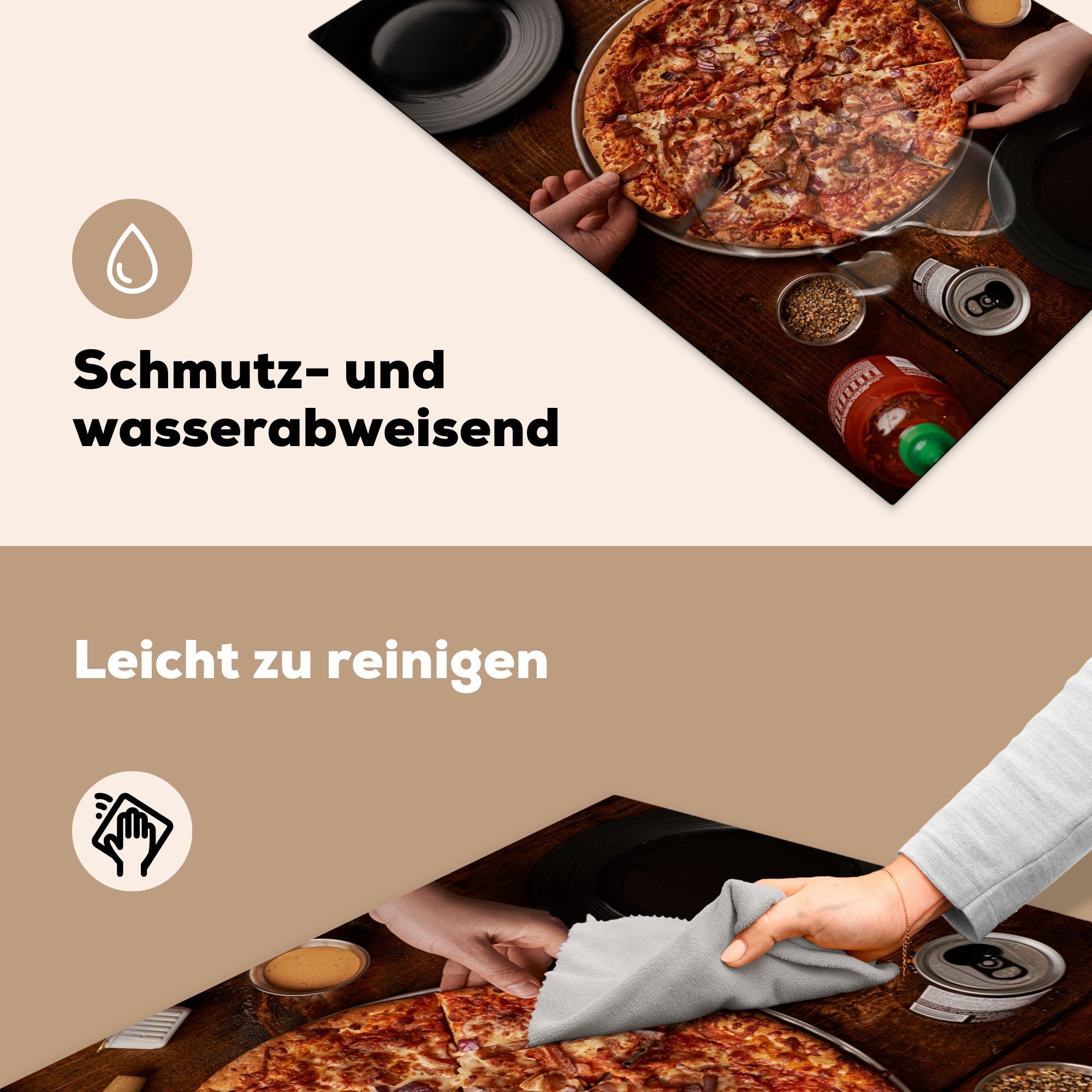 Schutz Herdblende-/Abdeckplatte Pizza für (1 Ceranfeldabdeckung küche, Induktionskochfeld MuchoWow die gefüllten Vinyl, 81x52 einem an Tisch, cm, tlg),
