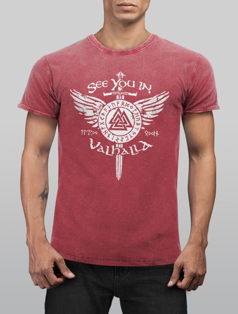 Schwert Valhalla Odin in Vikings rot Neverless® Print-Shirt Shirt Herren Neverless Print See Printshirt Vintage Runen Aufdruck you mit T-Shirt
