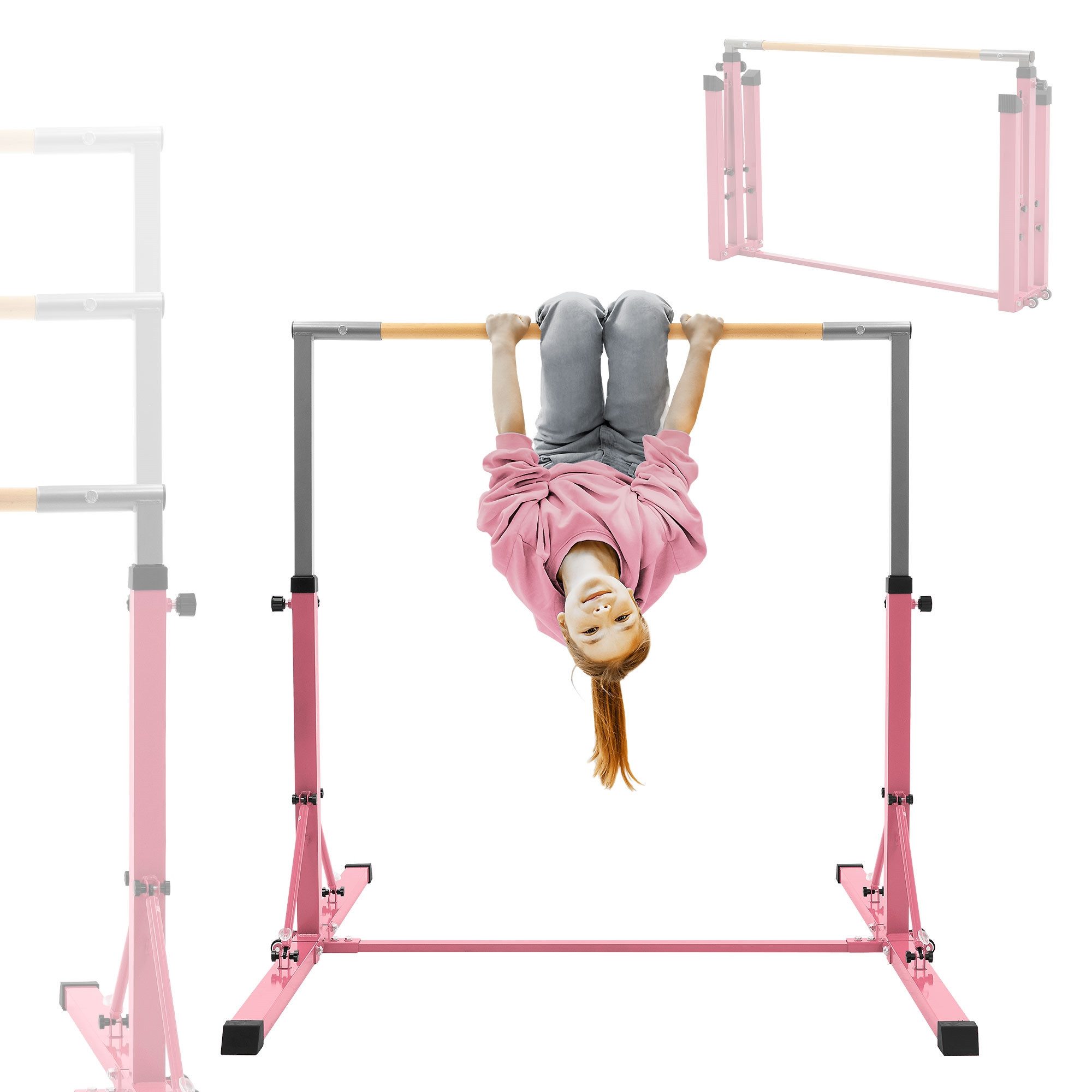 Hauki Turnreck Kinder Gymnastik Turnstangen Trainingsgeräte bis 100kg Indoor/Outdoor, Heimtraining Reckstange faltbar & höhenverstellbar 95,5-150cm Pink
