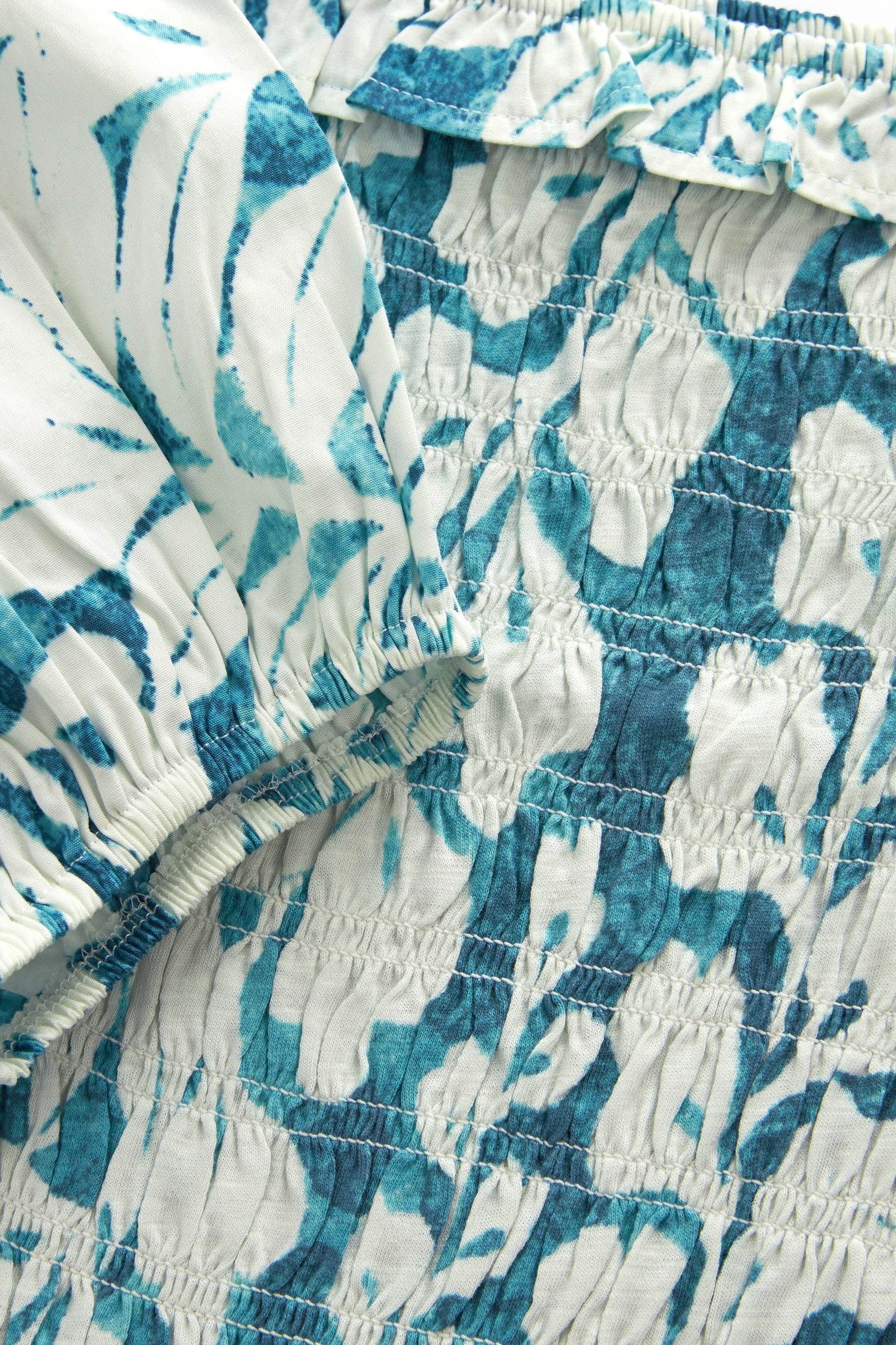 Next Carmenshirt Oberteil Teal mit Print Leaf (1-tlg) eckigem Ausschnitt und Puffärmeln Blue