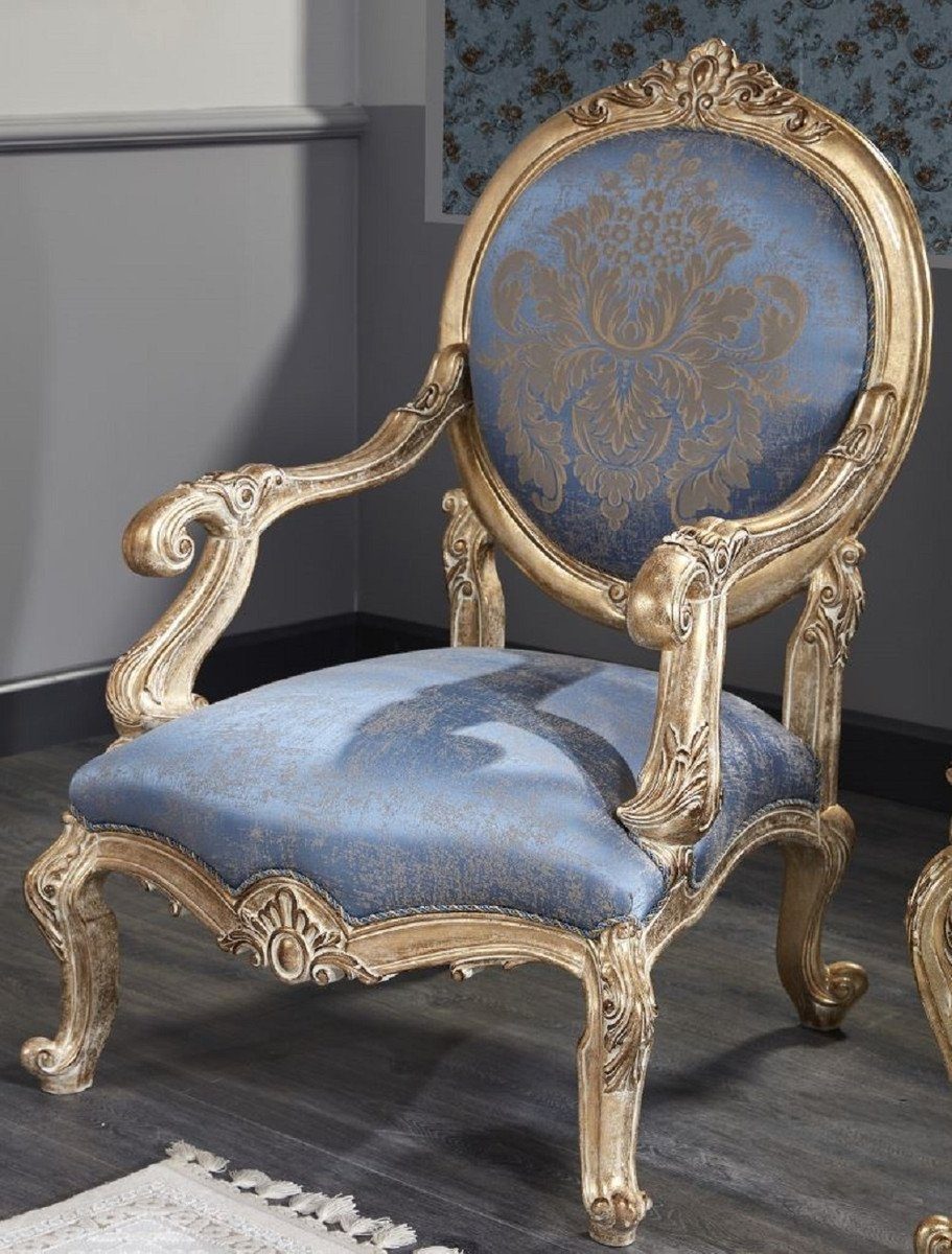 Casa Padrino Besucherstuhl Luxus Barock Salon Stuhl Hellblau / Antik Gold 65 x 85 x H. 120 cm - Barockmöbel
